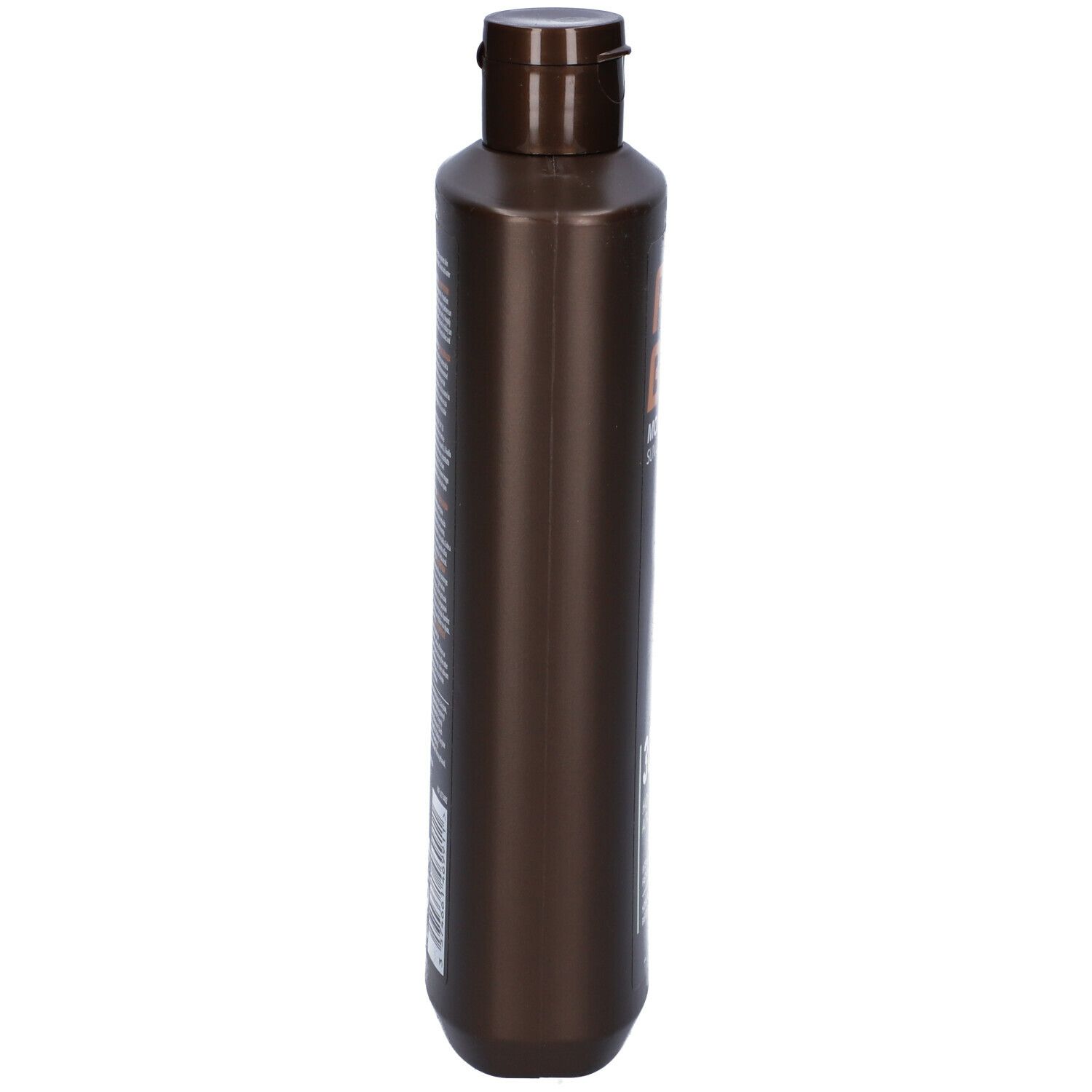 Flacone marrone Piz Buin Moisturising Sun Lotion. Vista laterale. Scritte e informazioni sul flacone.