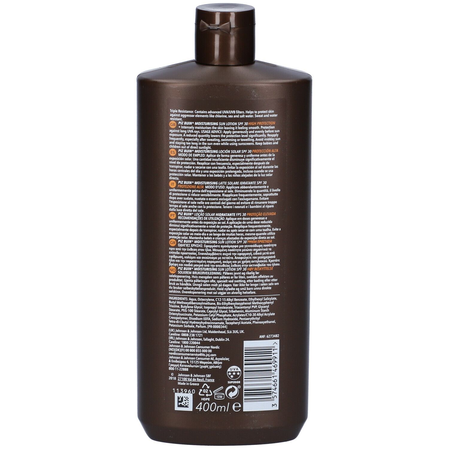Retro del flacone marrone Piz Buin Moisturising Sun Lotion. Testo multilingue, ingredienti e informazioni.