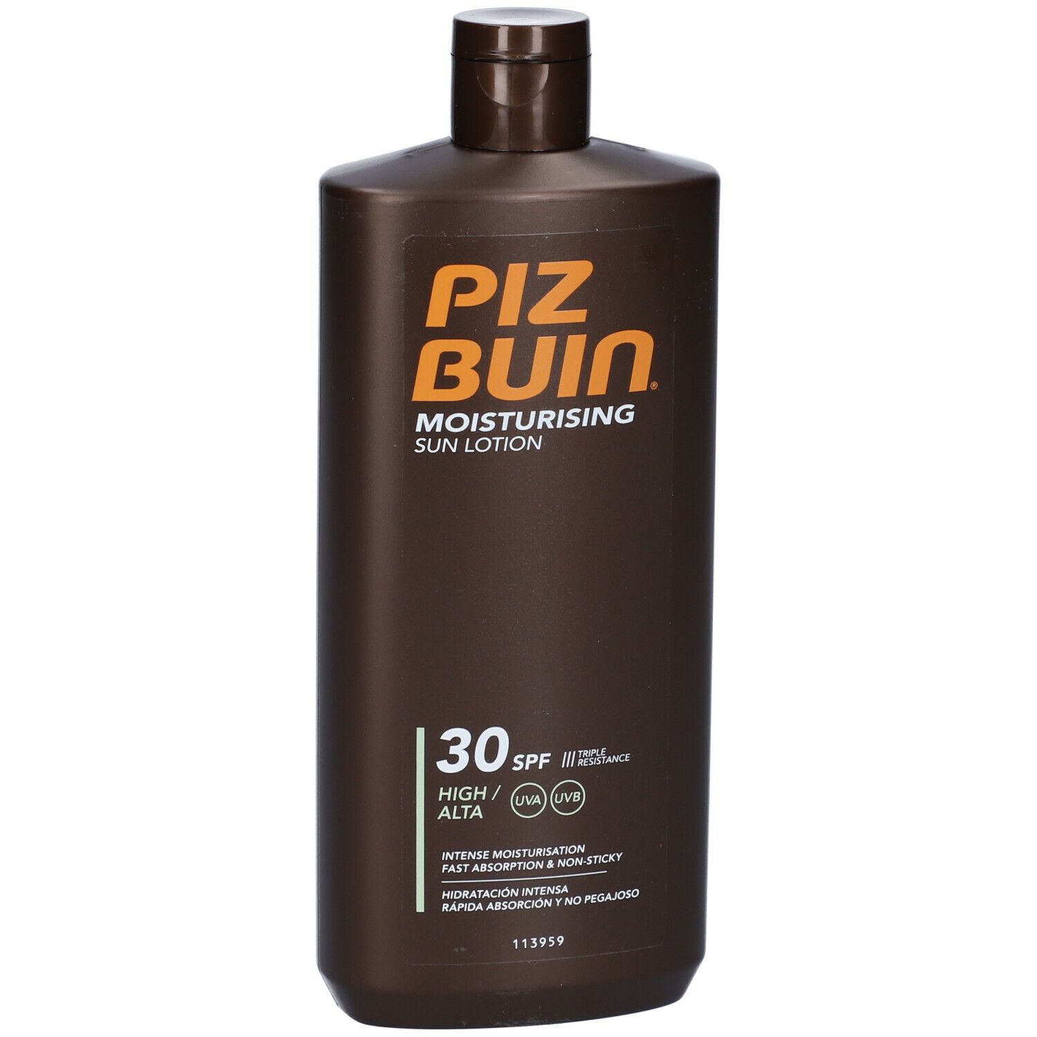 Flacone marrone Piz Buin Moisturising Sun Lotion SPF 30. Scritta: HIGH/ALTA, INTENSE MOISTURISATION, FAST ABSORPTION & NON-STICKY.