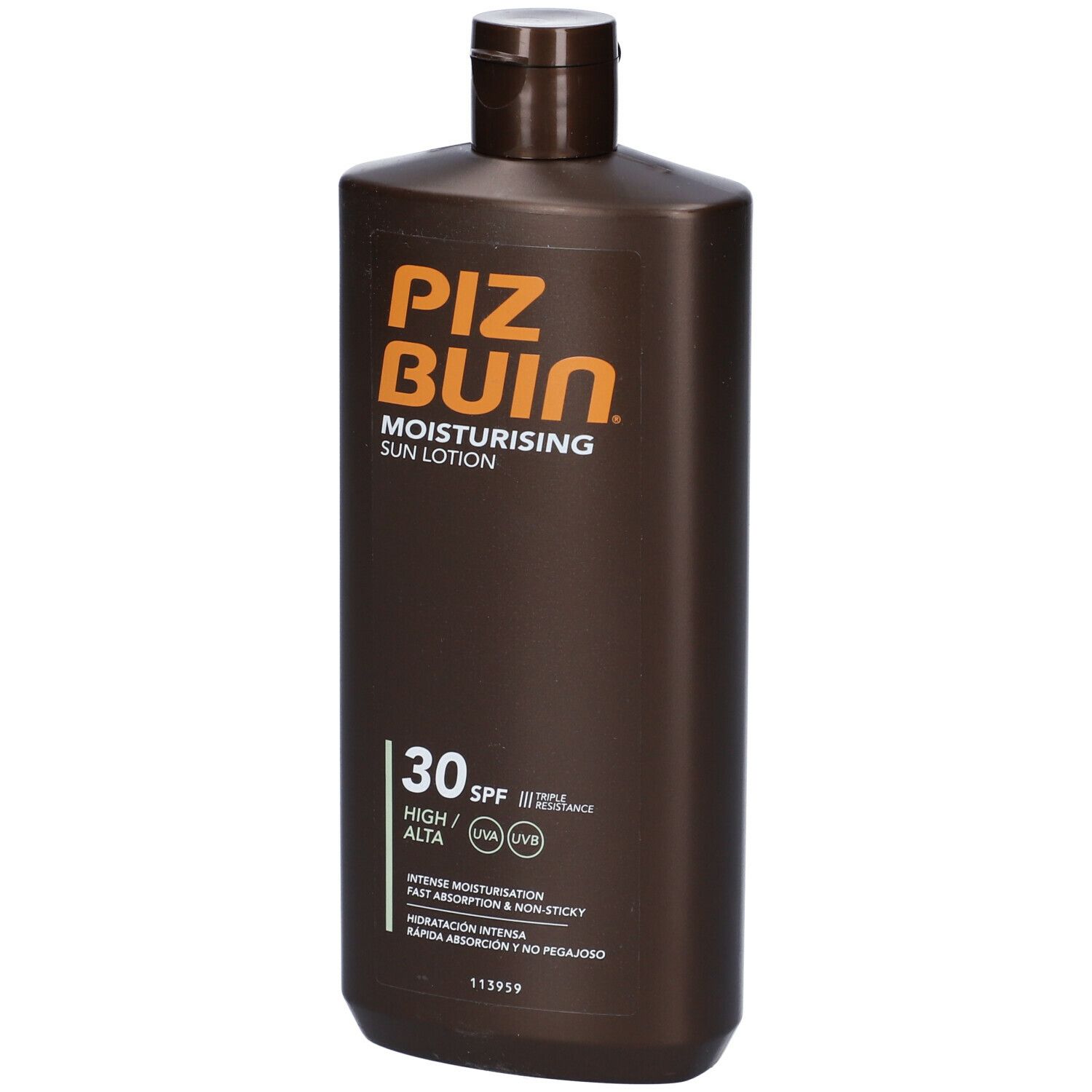 Flacone marrone Piz Buin Moisturising Sun Lotion SPF 30. Scritta: HIGH/ALTA, INTENSE MOISTURISATION, FAST ABSORPTION & NON-STICKY.