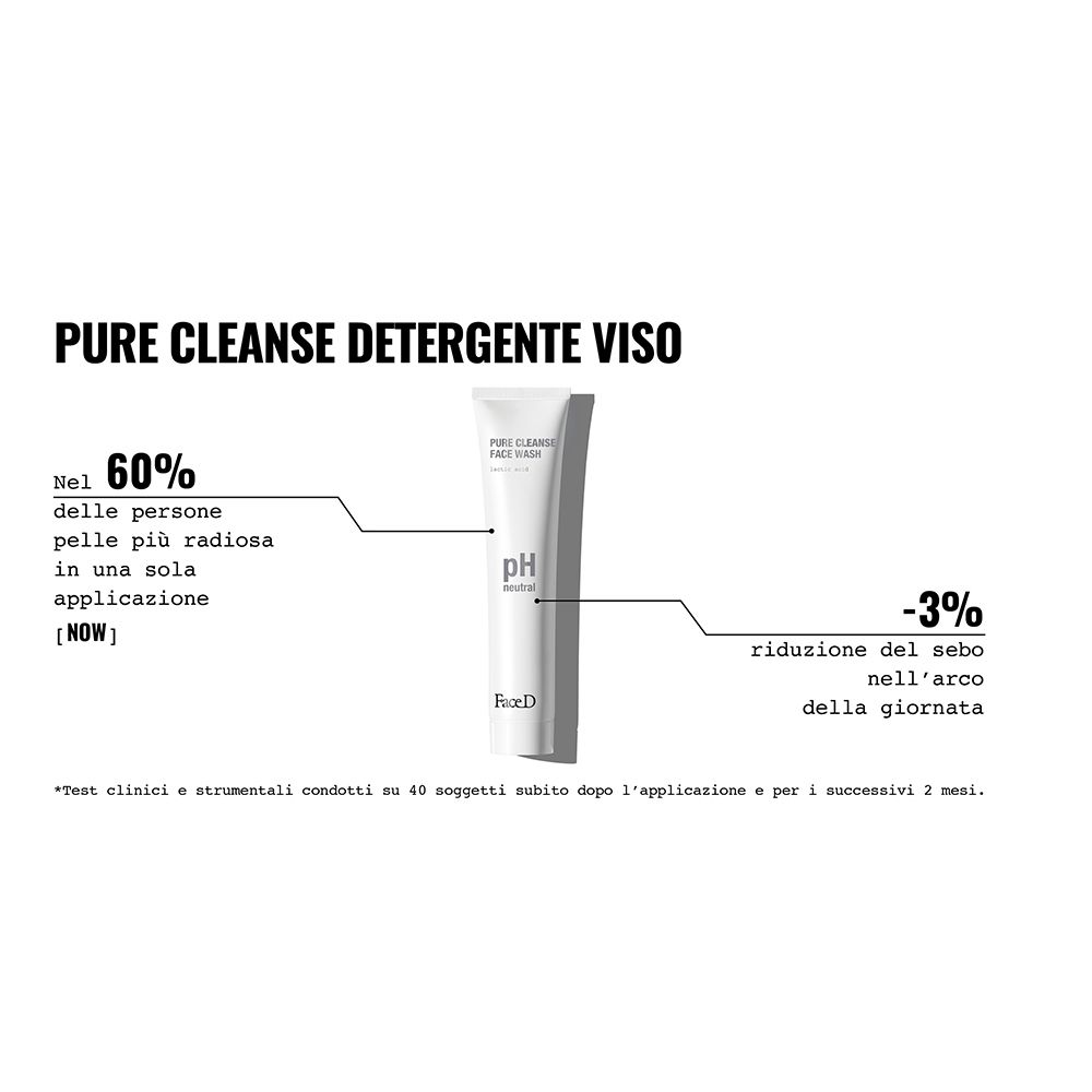 Tube mit Text und Diagramm. Text: 'Pure Cleanse Detergente Viso'. 60% der Haut strahlender in einer Anwendung.