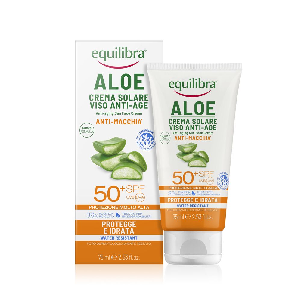 Tubo e confezione crema solare. Marca Equilibra, Aloe, SPF 50+. Crema viso anti-età. Resistente all'acqua.