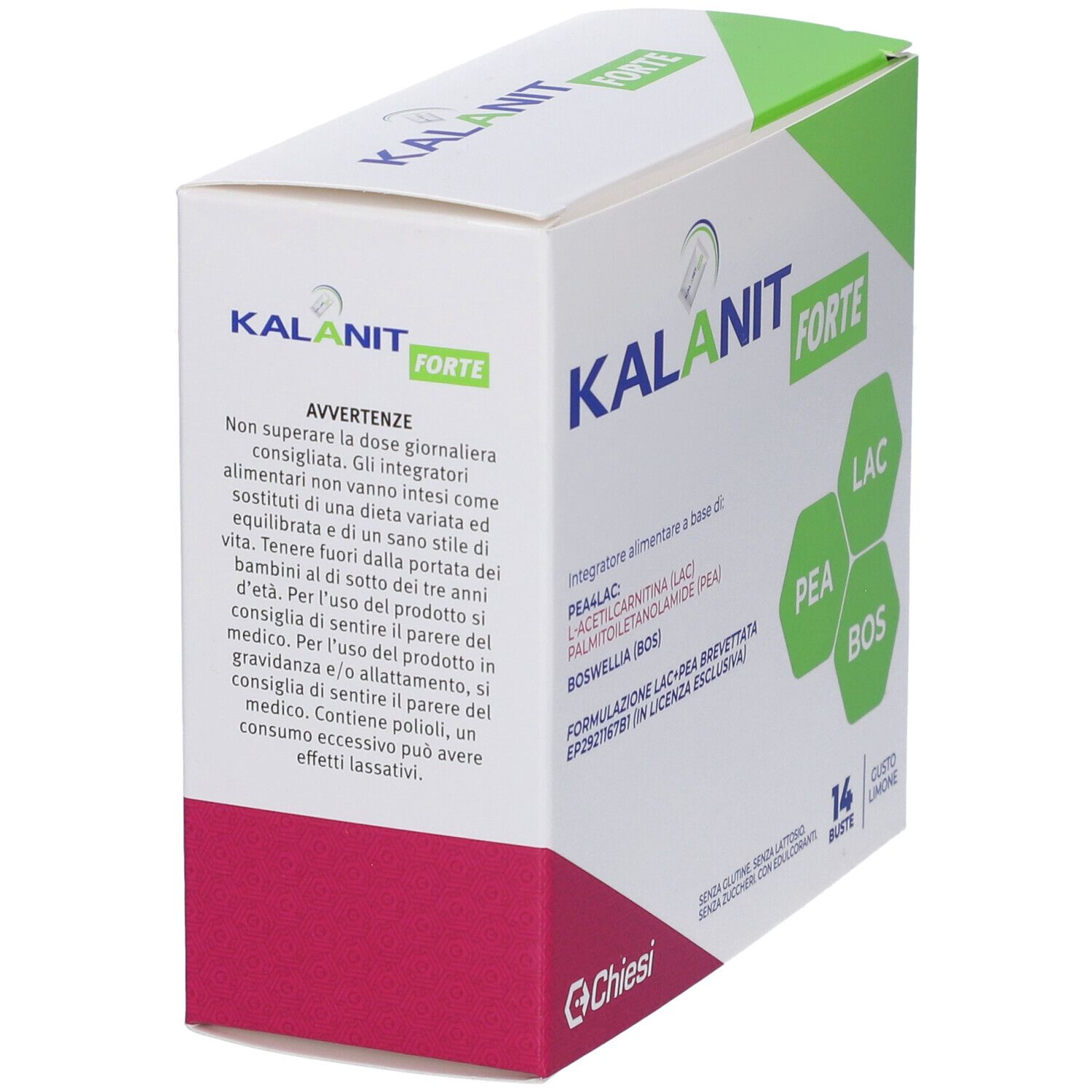Kalanit Forte Buste-Box. Text: Warnhinweise. Marke: Chiesi. Enthält 14 Beutel. Aufschrift: PEA, LAC, BOS.