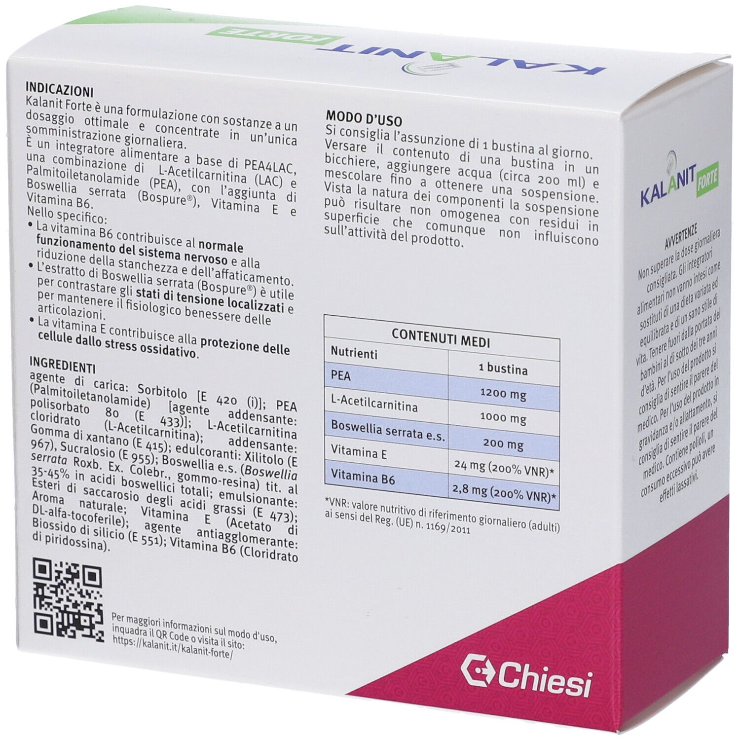 Kalanit Forte Buste-Box. Text: Inhaltsstoffe, Anwendungshinweise. Marke: Chiesi. QR-Code.
