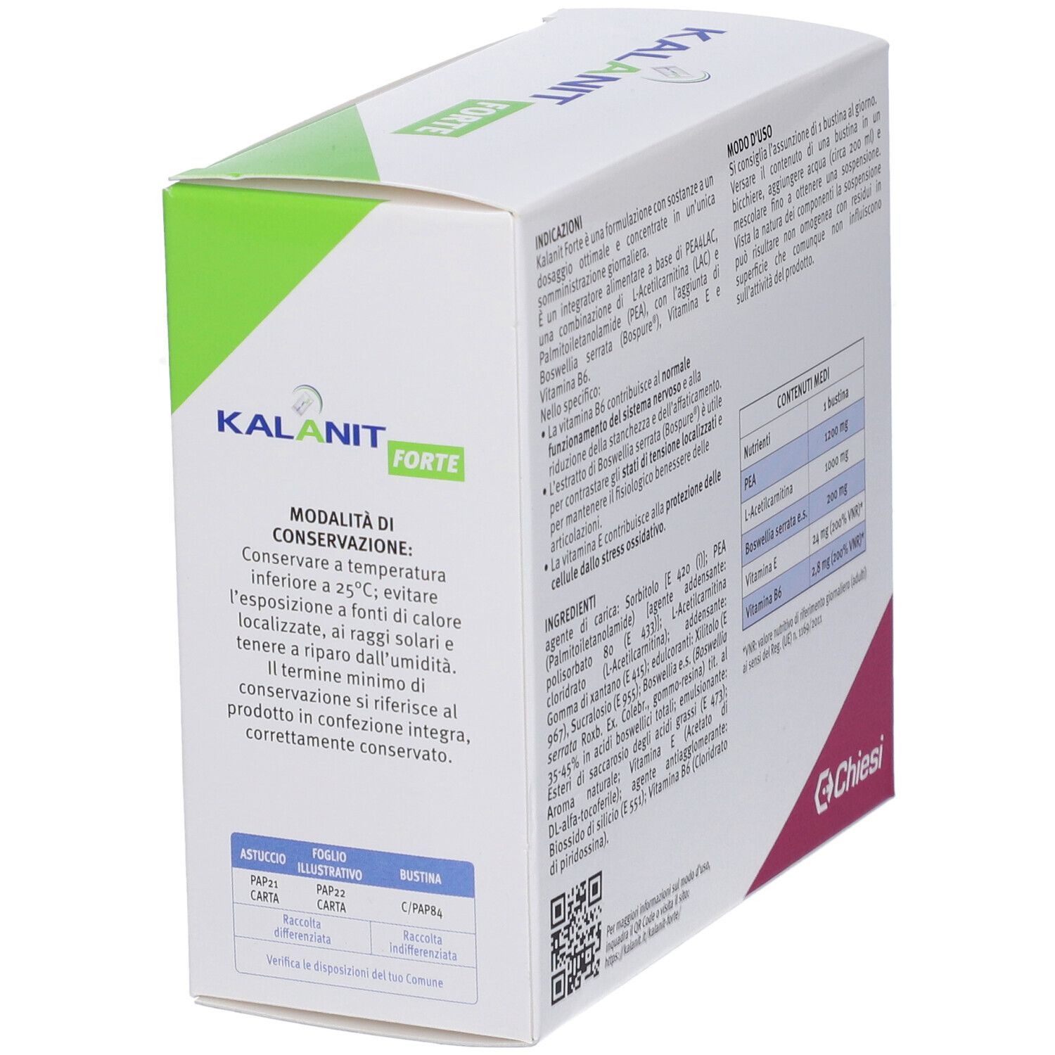 Kalanit Forte Buste-Box. Text: Anwendungshinweise, Inhaltsstoffe. Marke: Chiesi. QR-Code.