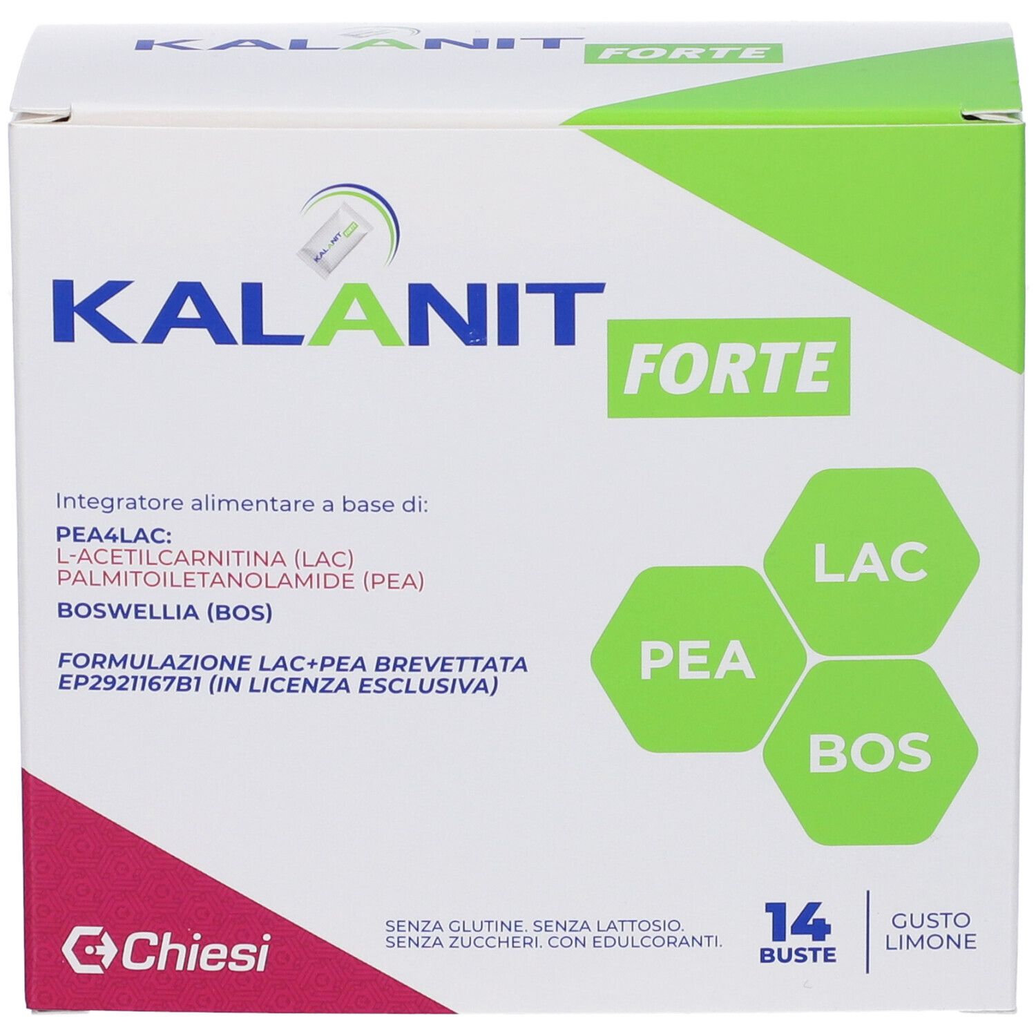 Kalanit Forte Buste-Box. Enthält 14 Beutel. Aufschrift: PEA, LAC, BOS. Marke: Chiesi. Geschmack: Zitrone.