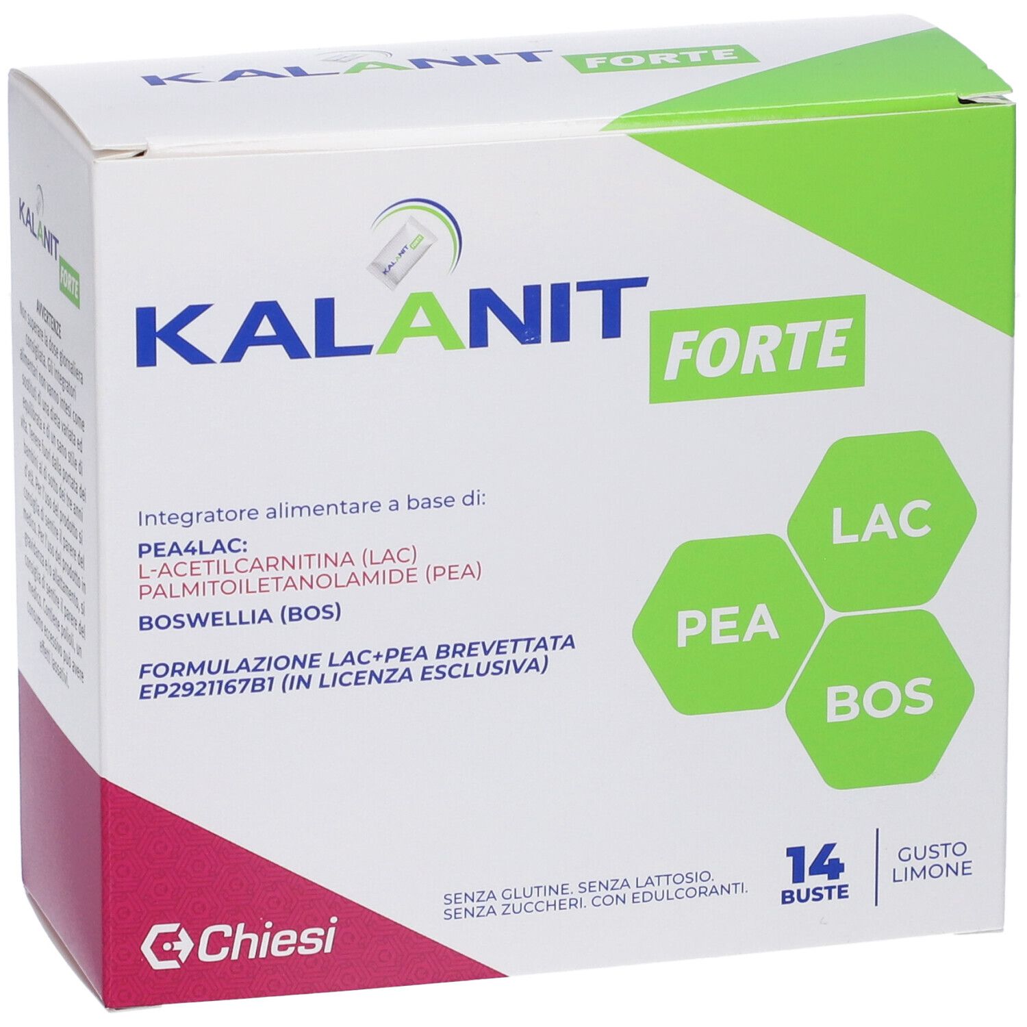 Kalanit Forte Buste-Box. Enthält 14 Beutel. Aufschrift: PEA, LAC, BOS. Marke: Chiesi. Geschmack: Zitrone.