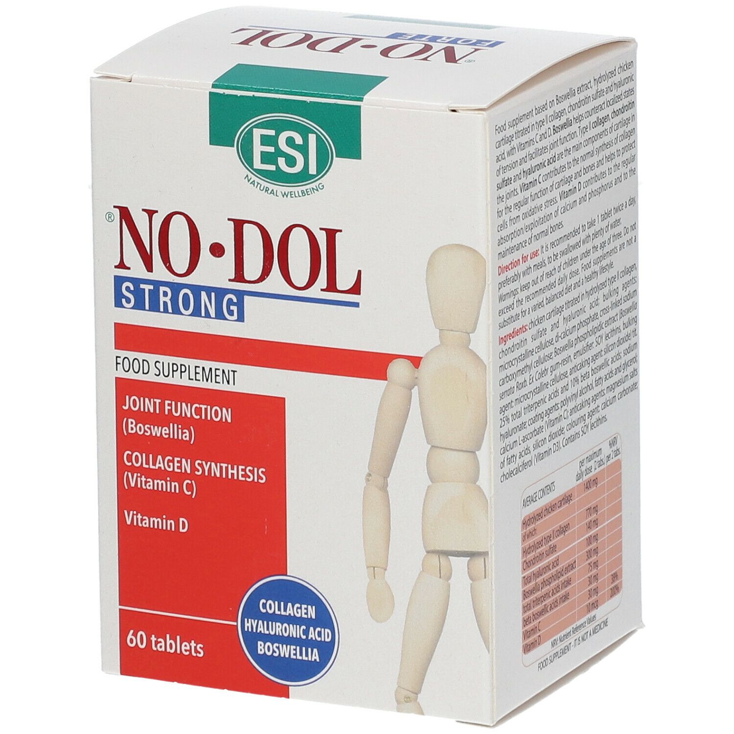Scatola bianca con testo rosso e verde. Scritto: NO•DOL STRONG, 60 compresse. Contiene collagene, acido ialuronico, boswellia.