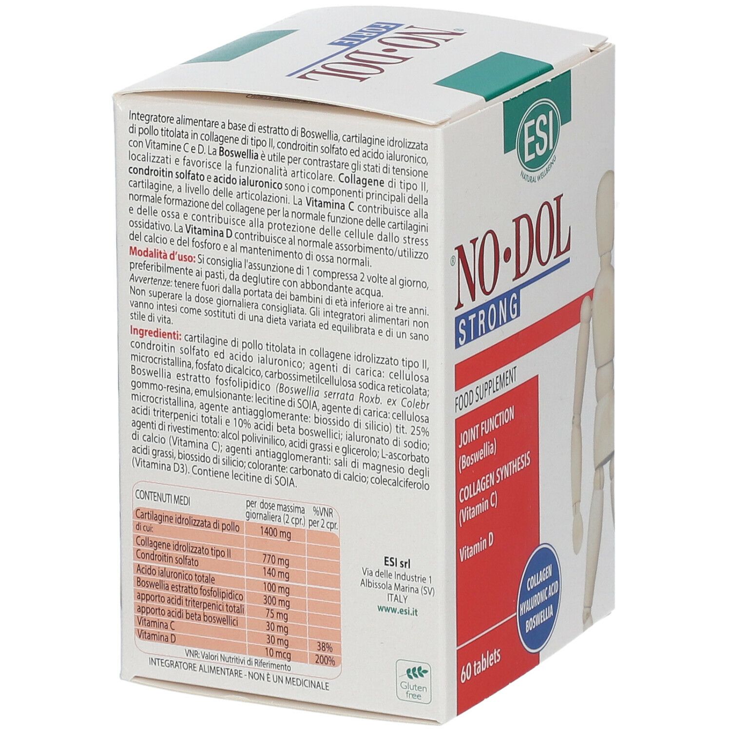 Retro della scatola bianca con informazioni nutrizionali e ingredienti. Contiene condroitin solfato e vitamina D.