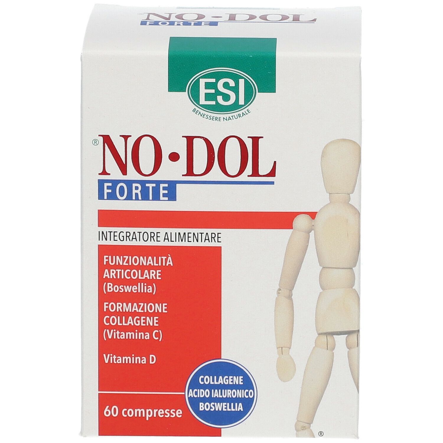 Scatola bianca con testo rosso e verde. Scritto: NO•DOL FORTE, 60 compresse. Contiene collagene, acido ialuronico, boswellia.