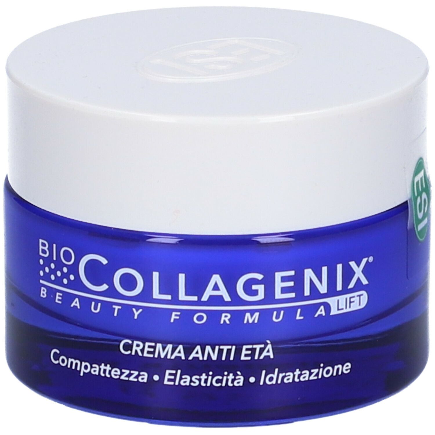 Pot bleu avec couvercle blanc. Inscription: Bio Collagenix, Crème Anti-Âge. Label ESI.