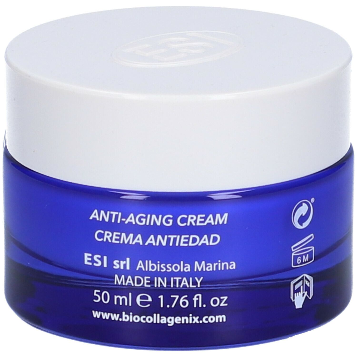 Pot bleu avec couvercle blanc. Inscription: Crème Anti-Âge, Bio Collagenix. Texte: 50 ml, Fabriqué en Italie.