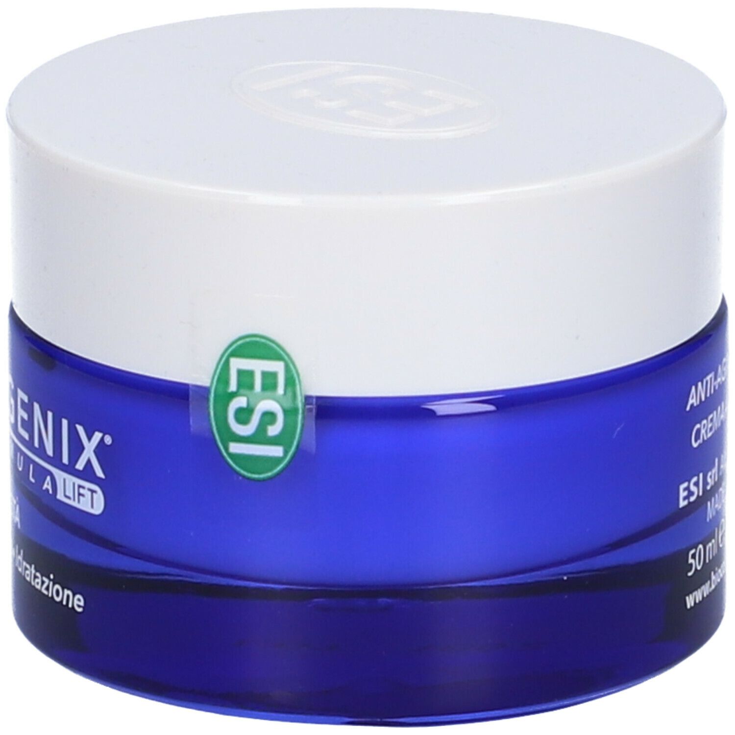 Pot bleu avec couvercle blanc. Inscription: Bio Collagenix, Crème Anti-Âge. Label ESI.