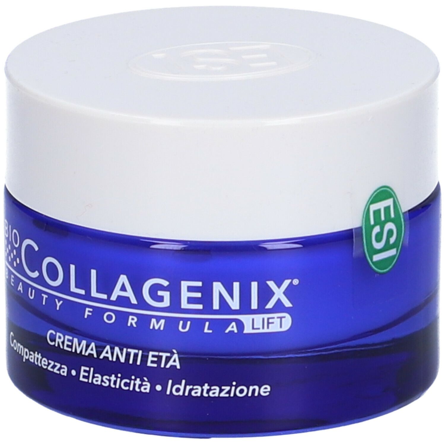 Pot bleu avec couvercle blanc. Inscription: Bio Collagenix, Crème Anti-Âge. Label ESI.