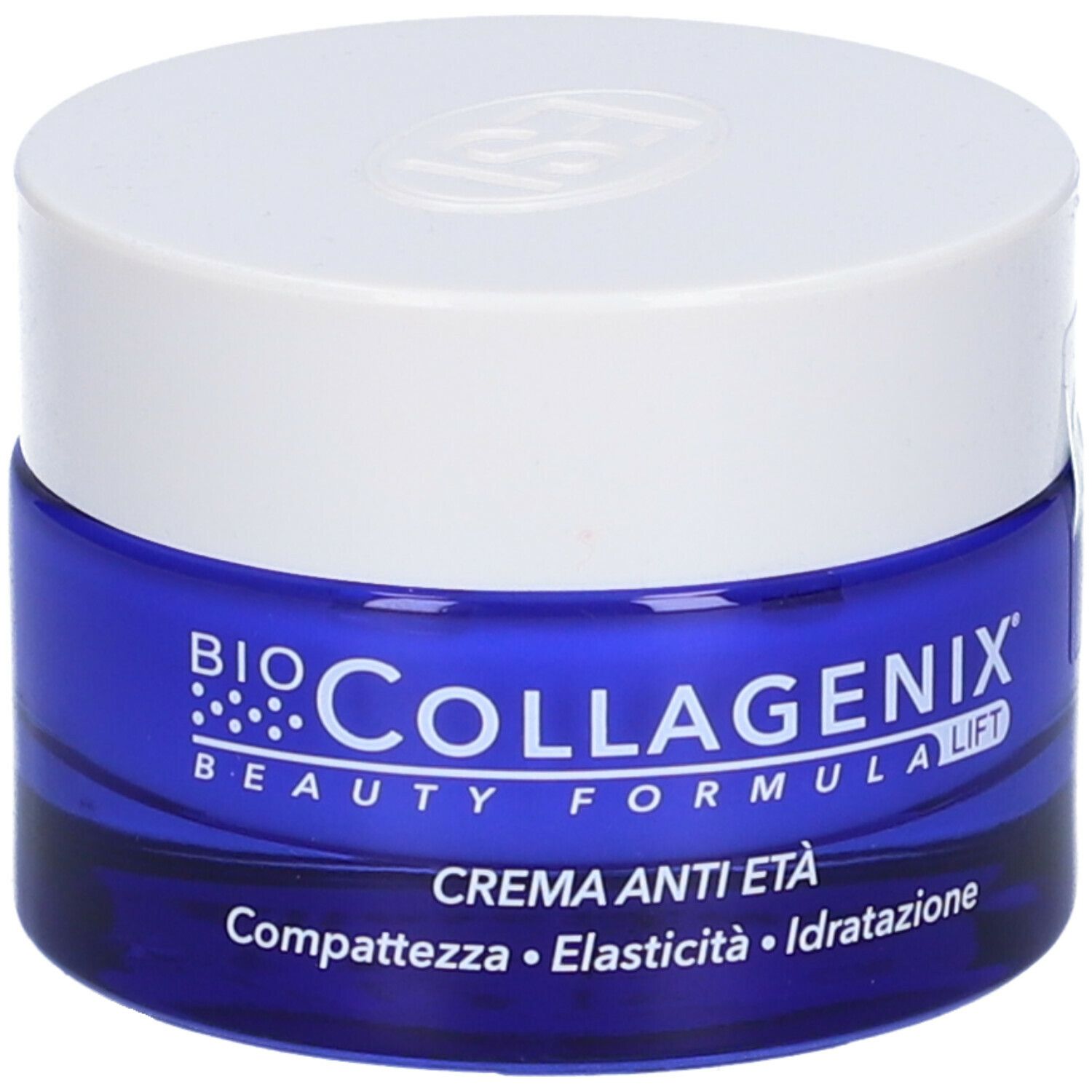 Pot bleu avec couvercle blanc. Inscription: Bio Collagenix, Crème Anti-Âge.