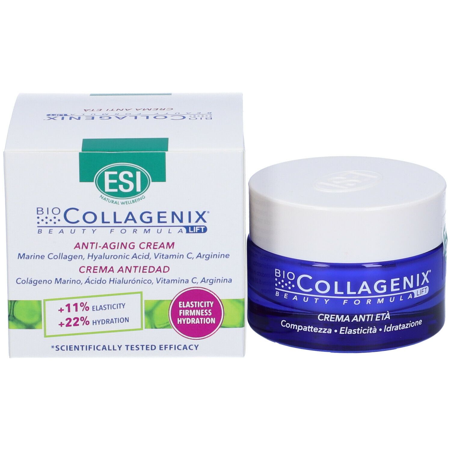Pot de crème et emballage. Inscription: Bio Collagenix, Crème Anti-Âge. Texte: +11% élasticité, +22% hydratation.