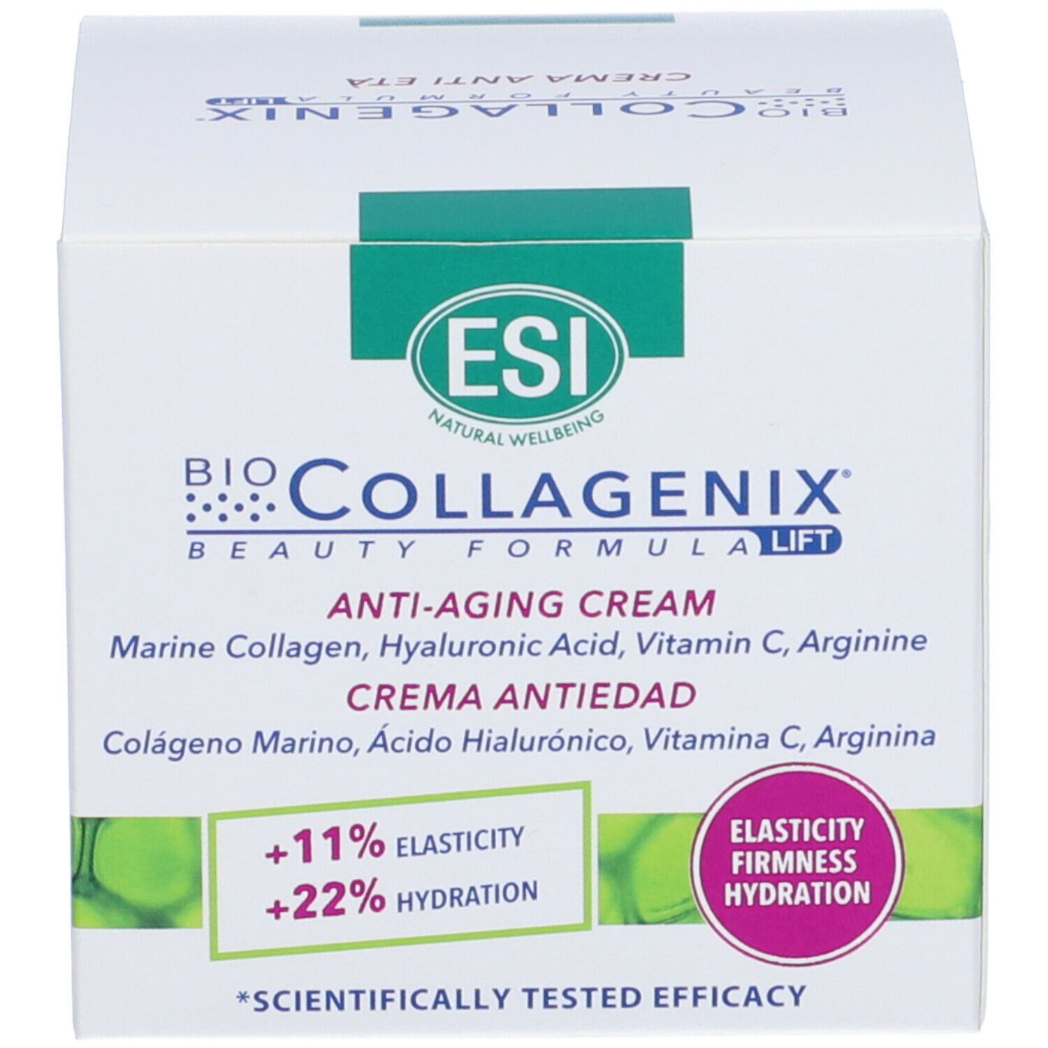 Emballage. Inscription: Bio Collagenix, Crème Anti-Âge. Texte: +11% élasticité, +22% hydratation. Label ESI.