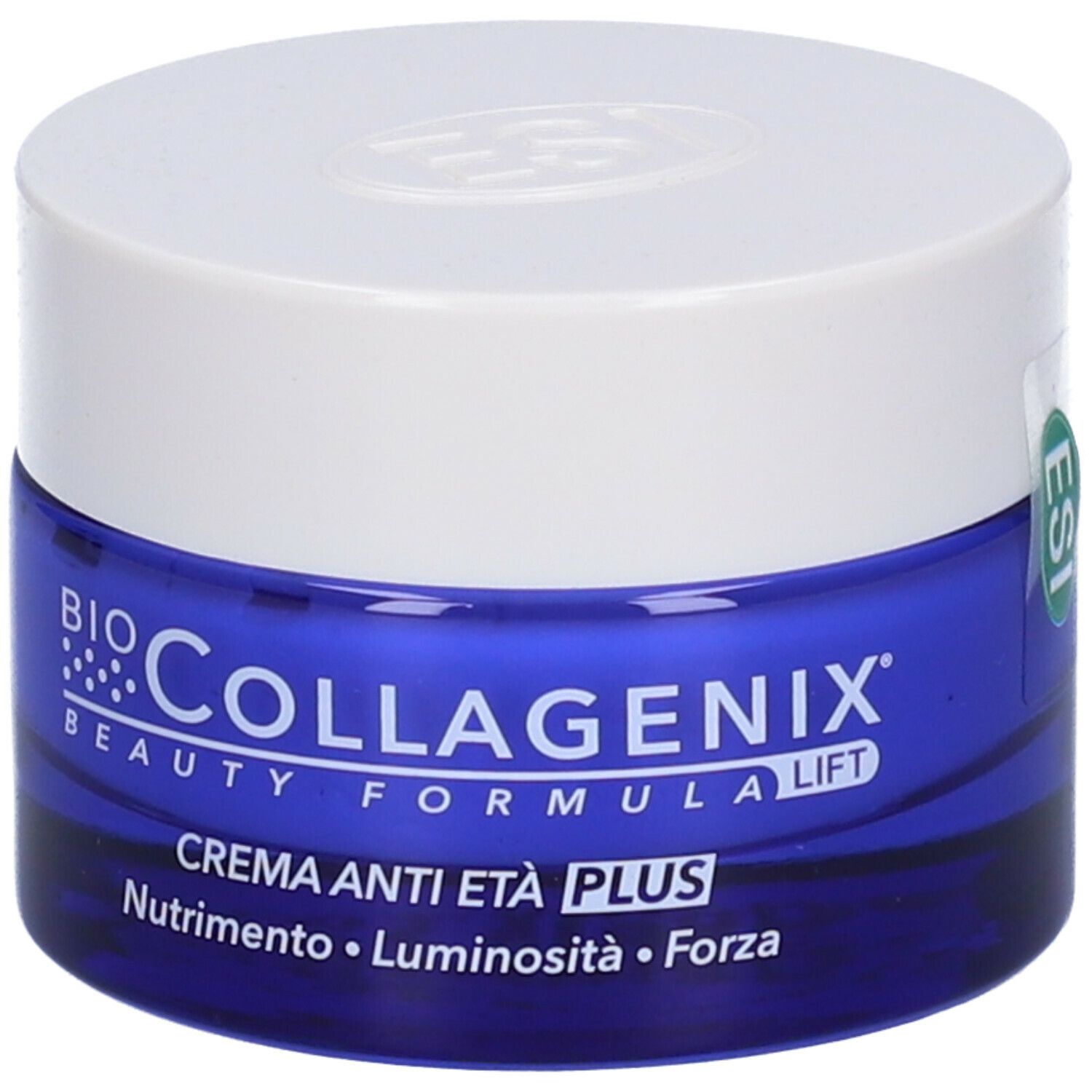 Vaso di crema blu con coperchio bianco. Scritta: BioCollagenix, Beauty Formula Lift, Crema Anti Età Plus.