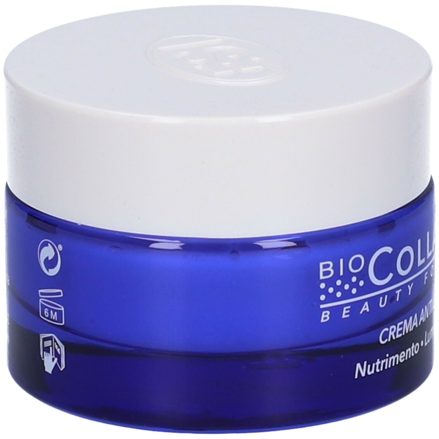Vaso di crema blu con coperchio bianco. Scritta: BioCollagenix, Beauty Formula, Crema Anti Età. Simboli.