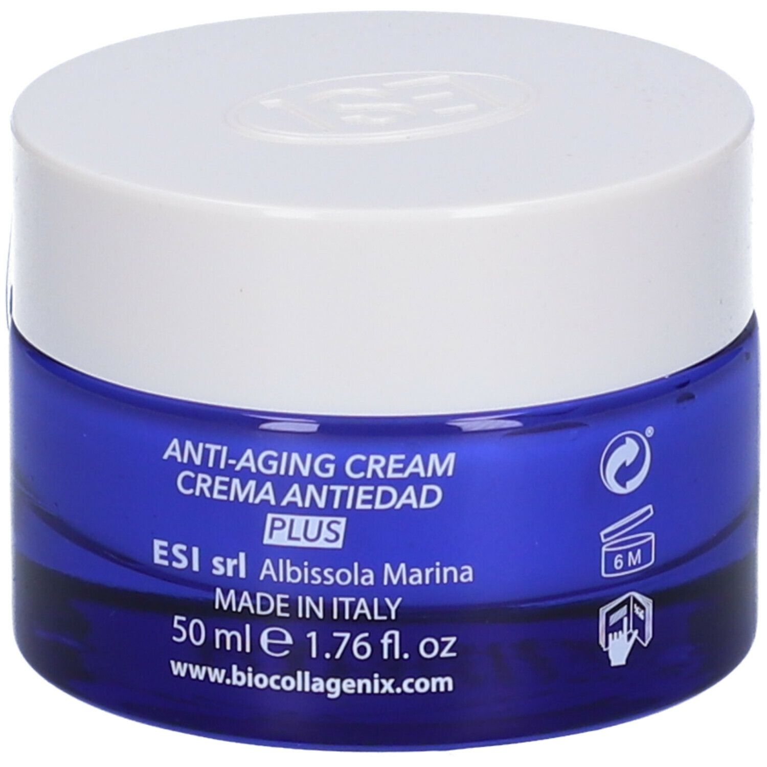 Vaso di crema blu con coperchio bianco. Scritta: Anti-Aging Cream Plus, Crema Antiedad Plus. Made in Italy.