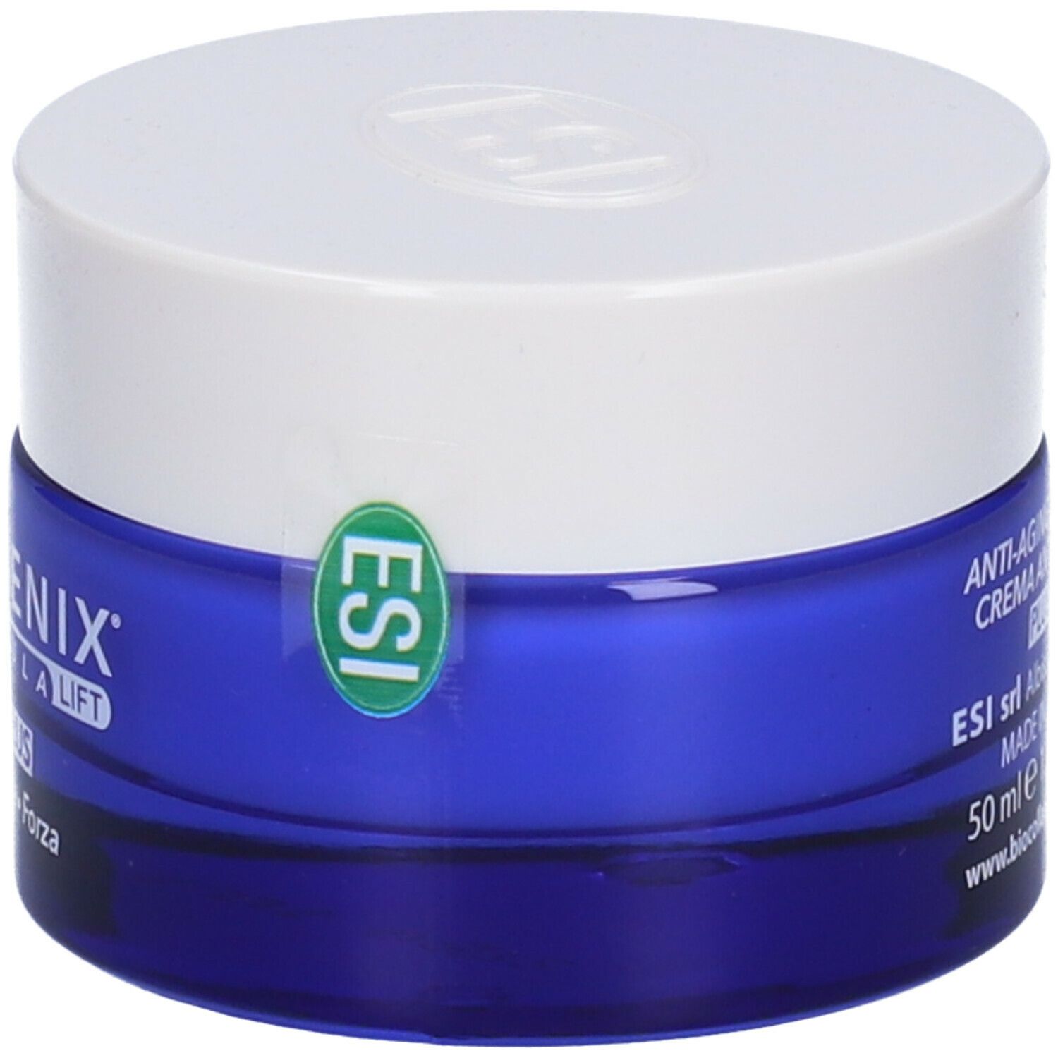 Vaso di crema blu con coperchio bianco. Scritta: BioCollagenix, Beauty Formula Lift, Crema Anti Età Plus. Sigillo ESI.