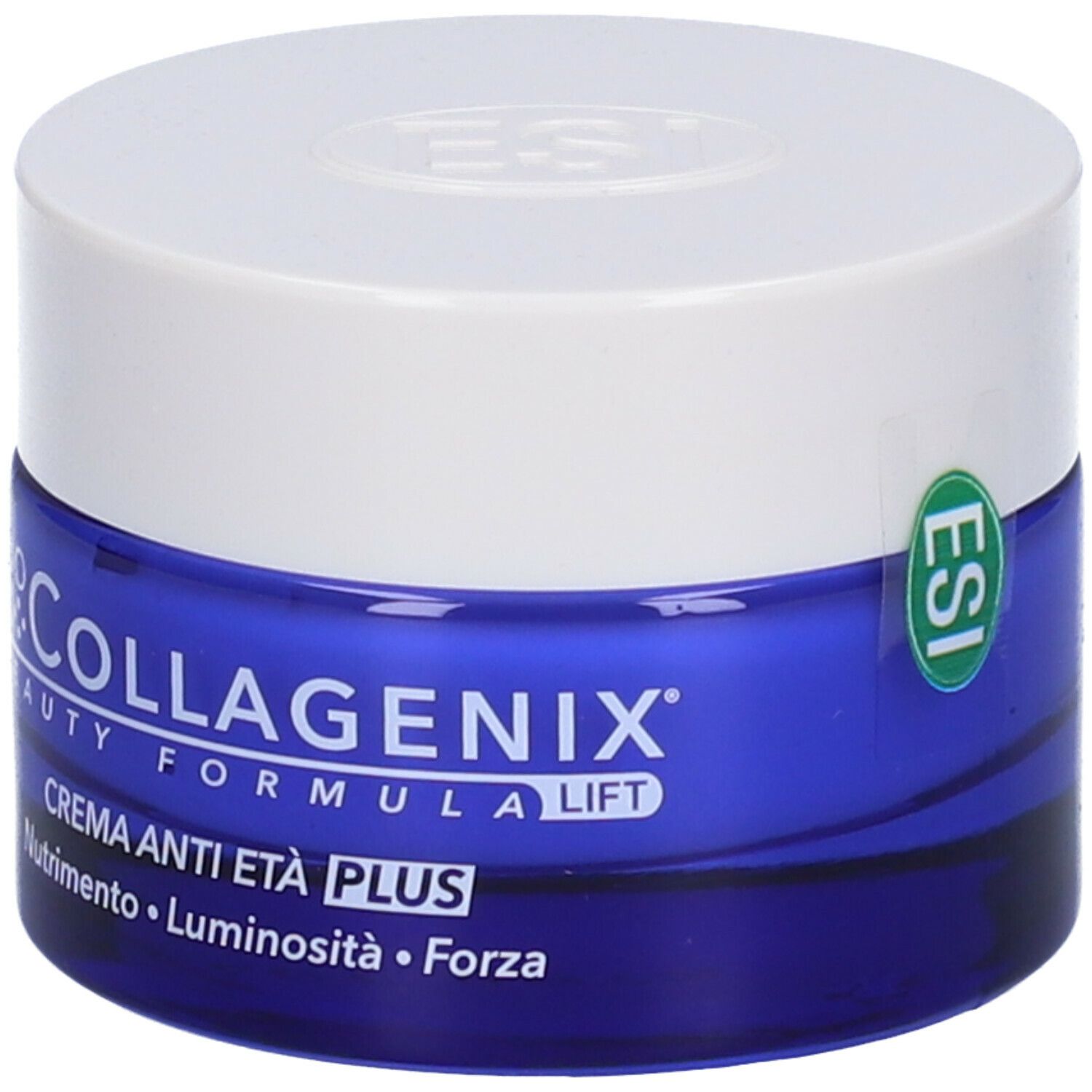 Vaso di crema blu con coperchio bianco. Scritta: BioCollagenix, Beauty Formula Lift, Crema Anti Età Plus.