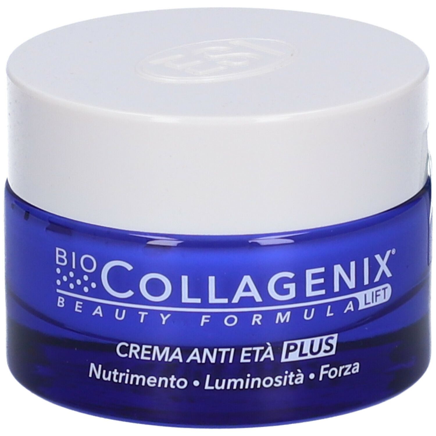 Vaso di crema blu con coperchio bianco. Scritta: BioCollagenix, Beauty Formula Lift, Crema Anti Età Plus.