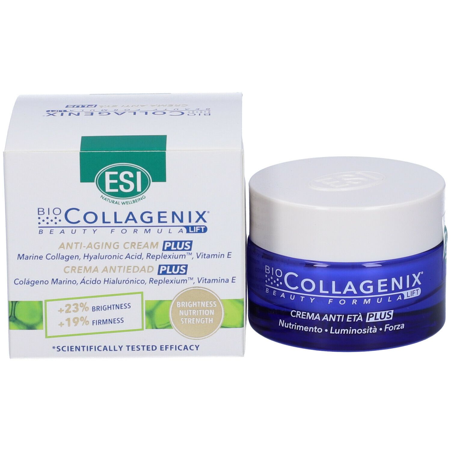Vaso di crema e confezione. Scritta: BioCollagenix, Anti-Aging Cream Plus, Crema Anti Età Plus. Logo ESI.