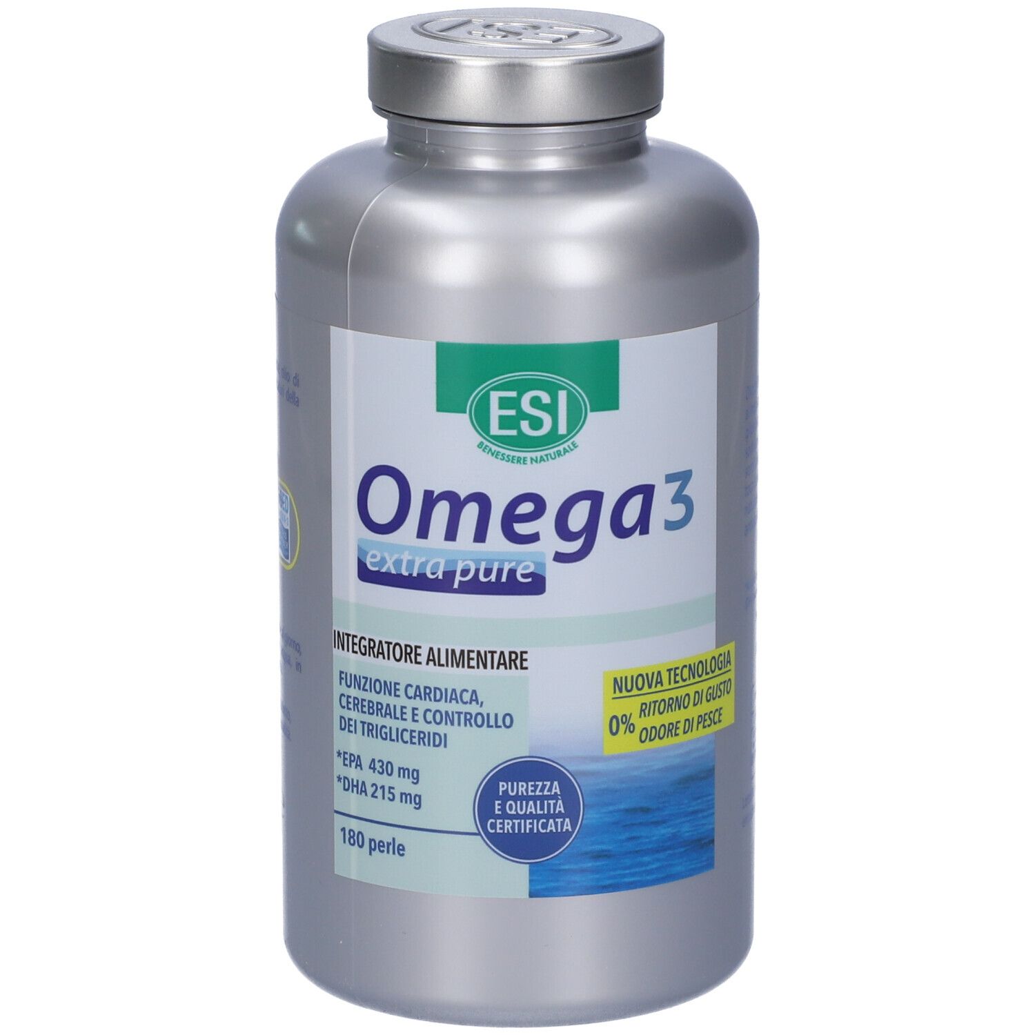Flacone argento ESI Omega 3 extra puro. 180 perle. Scritta: Integratore alimentare. Certificazioni.
