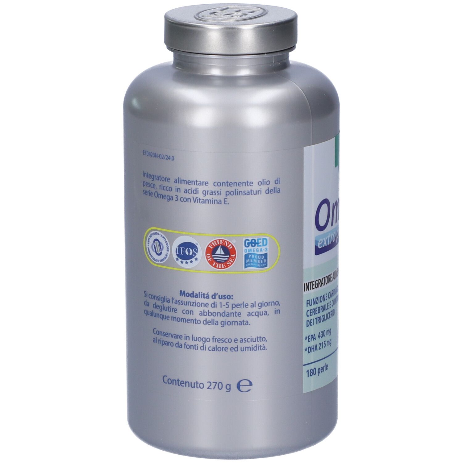 Retro flacone argento ESI Omega 3. Scritta: Integratore alimentare. Certificazioni. 270g.