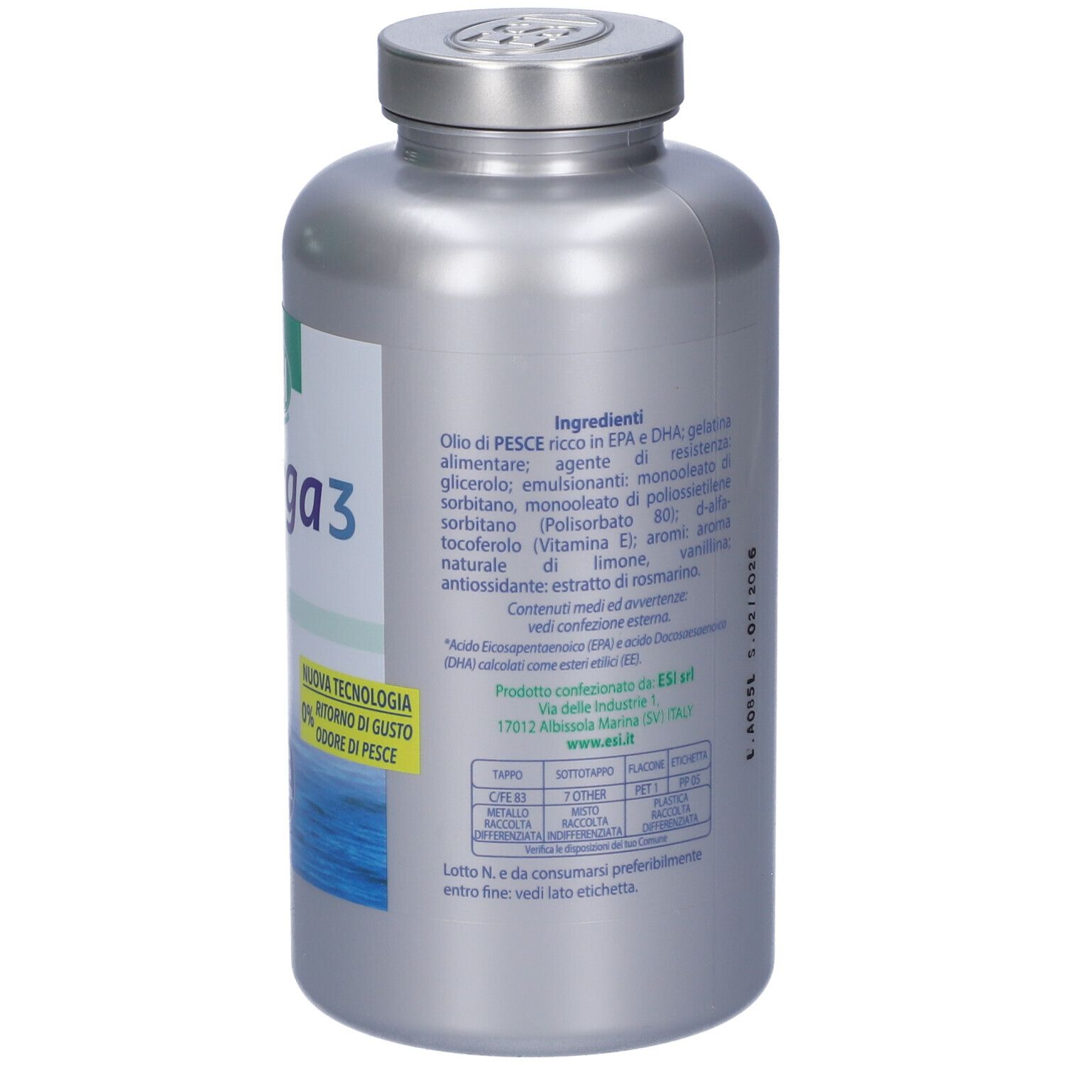 Retro flacone argento ESI Omega 3. Elenco ingredienti e tabella nutrizionale.