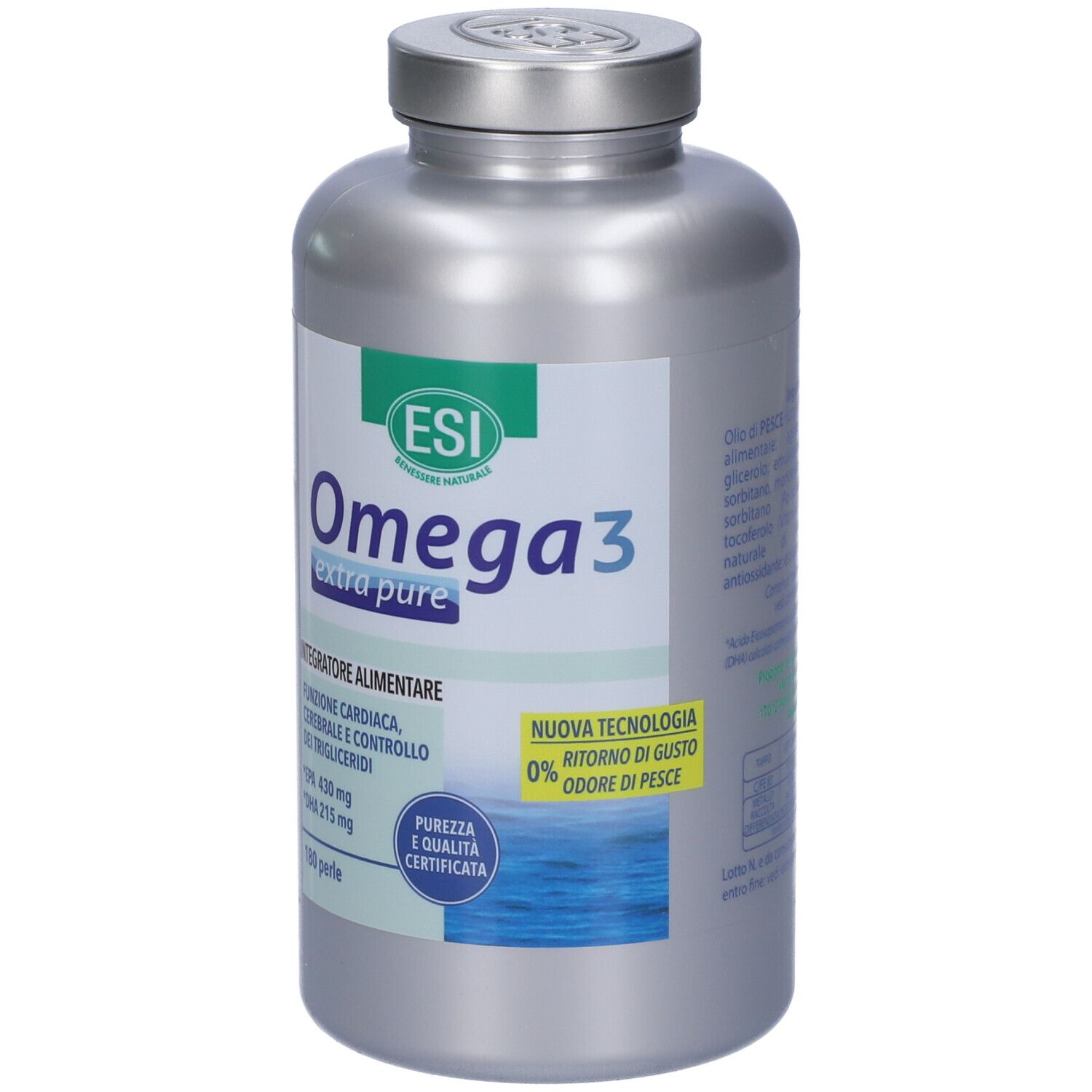 Flacone argento ESI Omega 3 extra puro. 180 perle. Scritta: Integratore alimentare. Certificazioni.