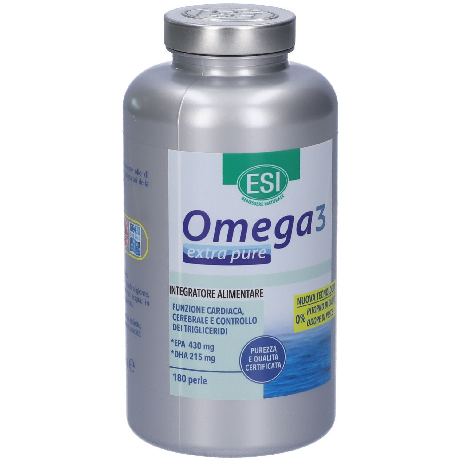 Flacone argento ESI Omega 3 extra puro. 180 perle. Scritta: Integratore alimentare. Certificazioni.