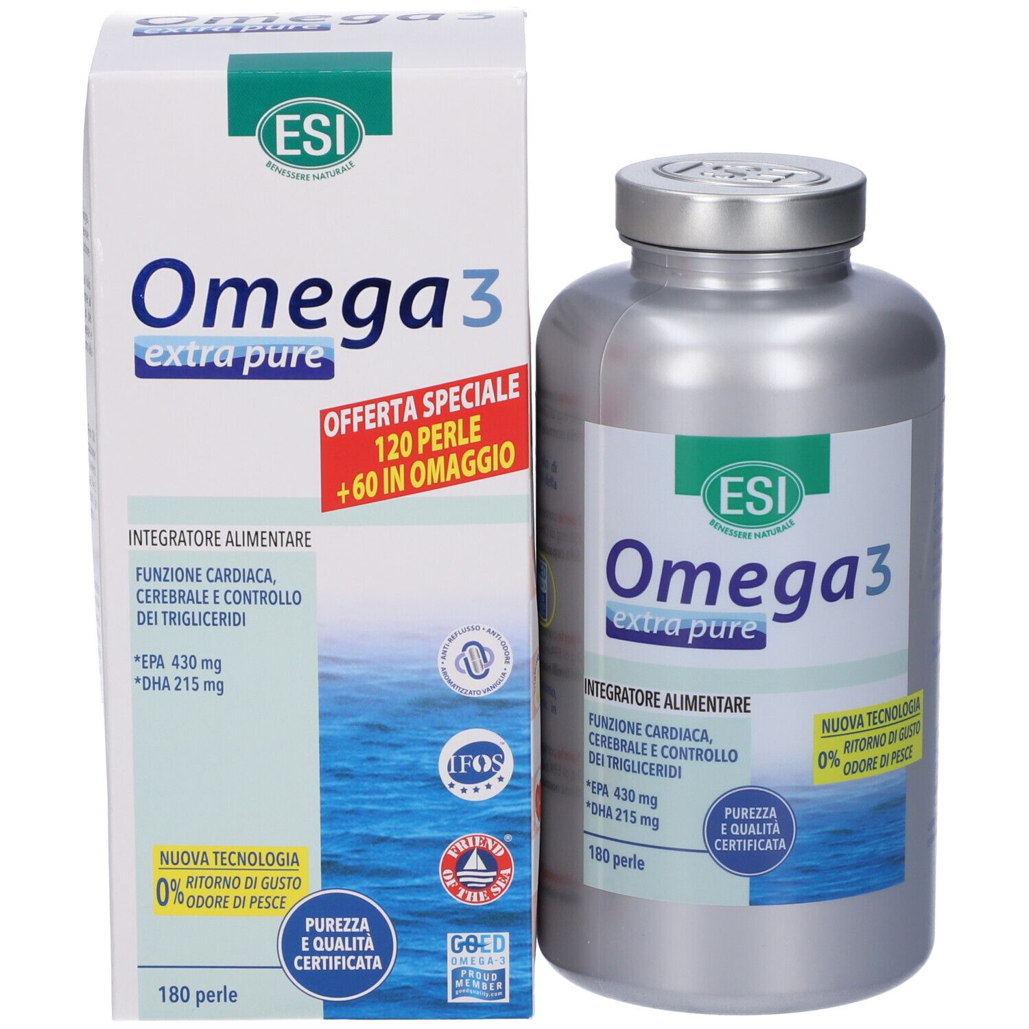ESI Omega 3 extra puro, flacone e scatola. Scatola con scritta: 120 + 60 perle omaggio.