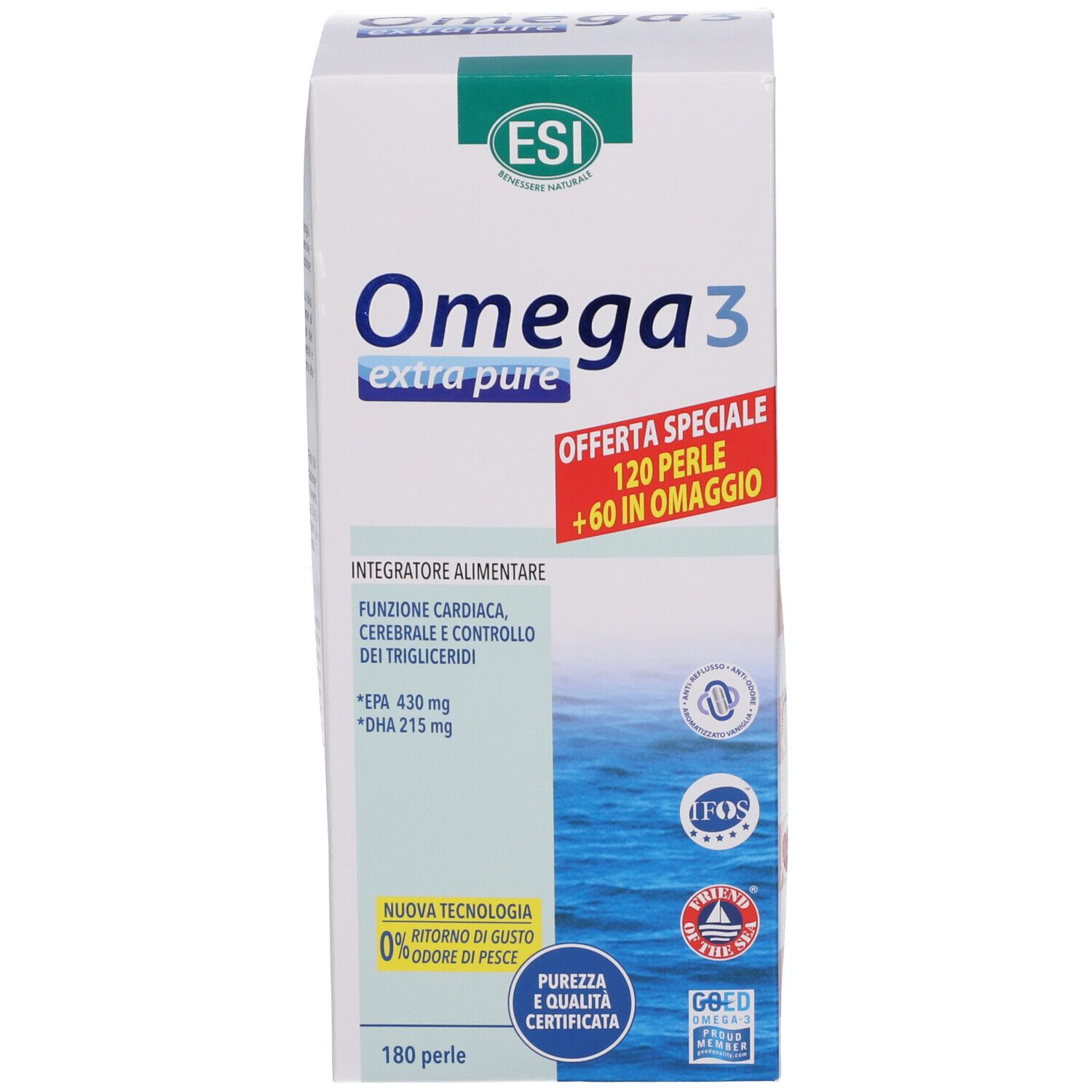 Scatola ESI Omega 3 extra puro. Scritta: 120 + 60 perle omaggio. Certificazioni.