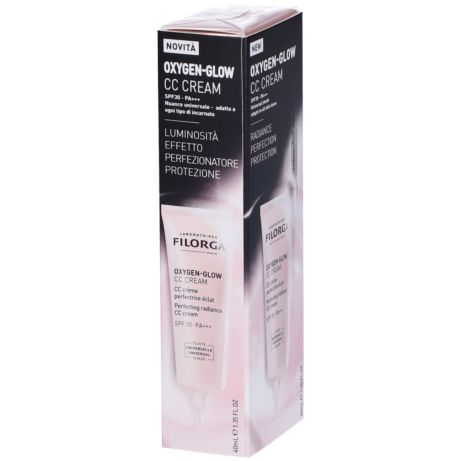 Confezione FILORGA Oxygen-Glow CC Cream. Scatola nera con immagine del prodotto e testo. Etichetta Novità.