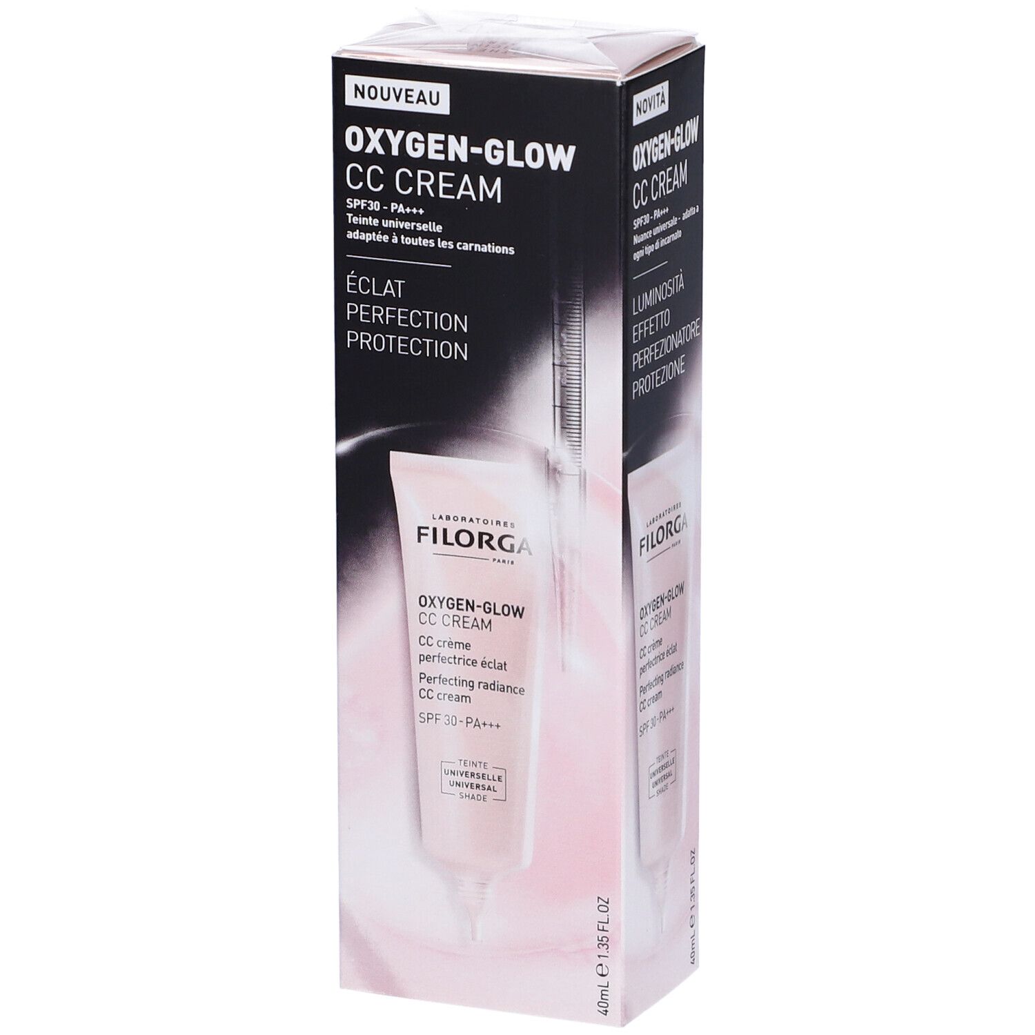 Confezione FILORGA Oxygen-Glow CC Cream. Scatola nera con immagine del prodotto e testo. Etichetta Nouveau.