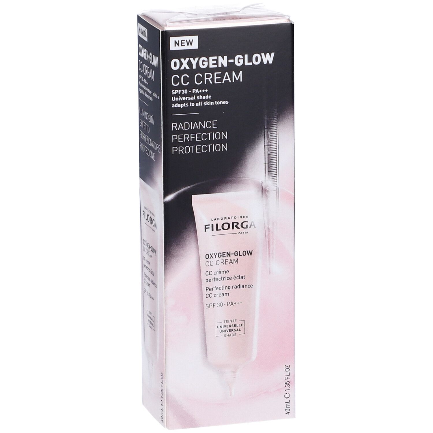 Confezione FILORGA Oxygen-Glow CC Cream. Scatola nera con immagine del prodotto e testo. Etichetta Nuovo.