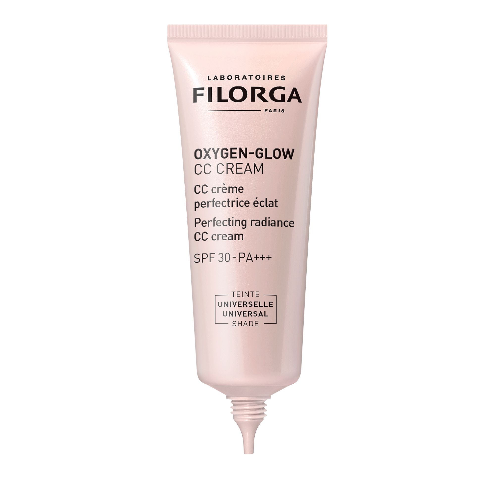 Tubo di FILORGA Oxygen-Glow CC Cream. Tubo rosa con tappo bianco. Punta del prodotto visibile.