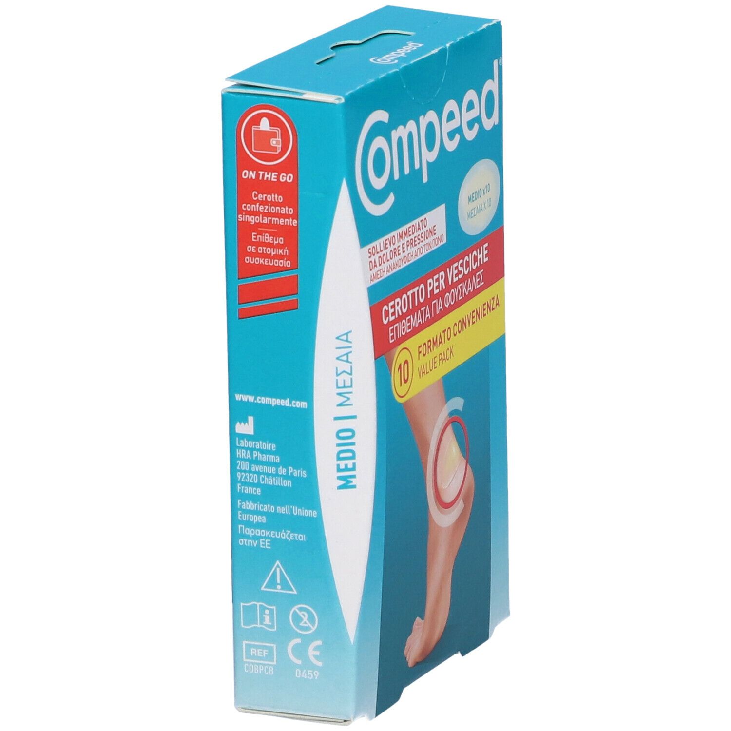 Confezione Compeed, vista laterale. Scritta: Cerotto Per Vesciche, 10 pezzi. Illustrazione piede con cerotto.