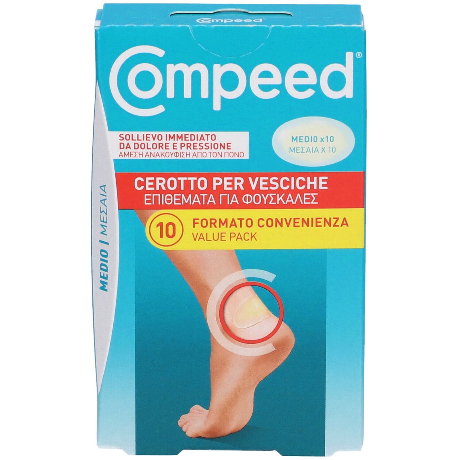 Confezione Compeed. Scritta: Cerotto Per Vesciche, 10 pezzi. Illustrazione piede con cerotto. Nome prodotto e logo.