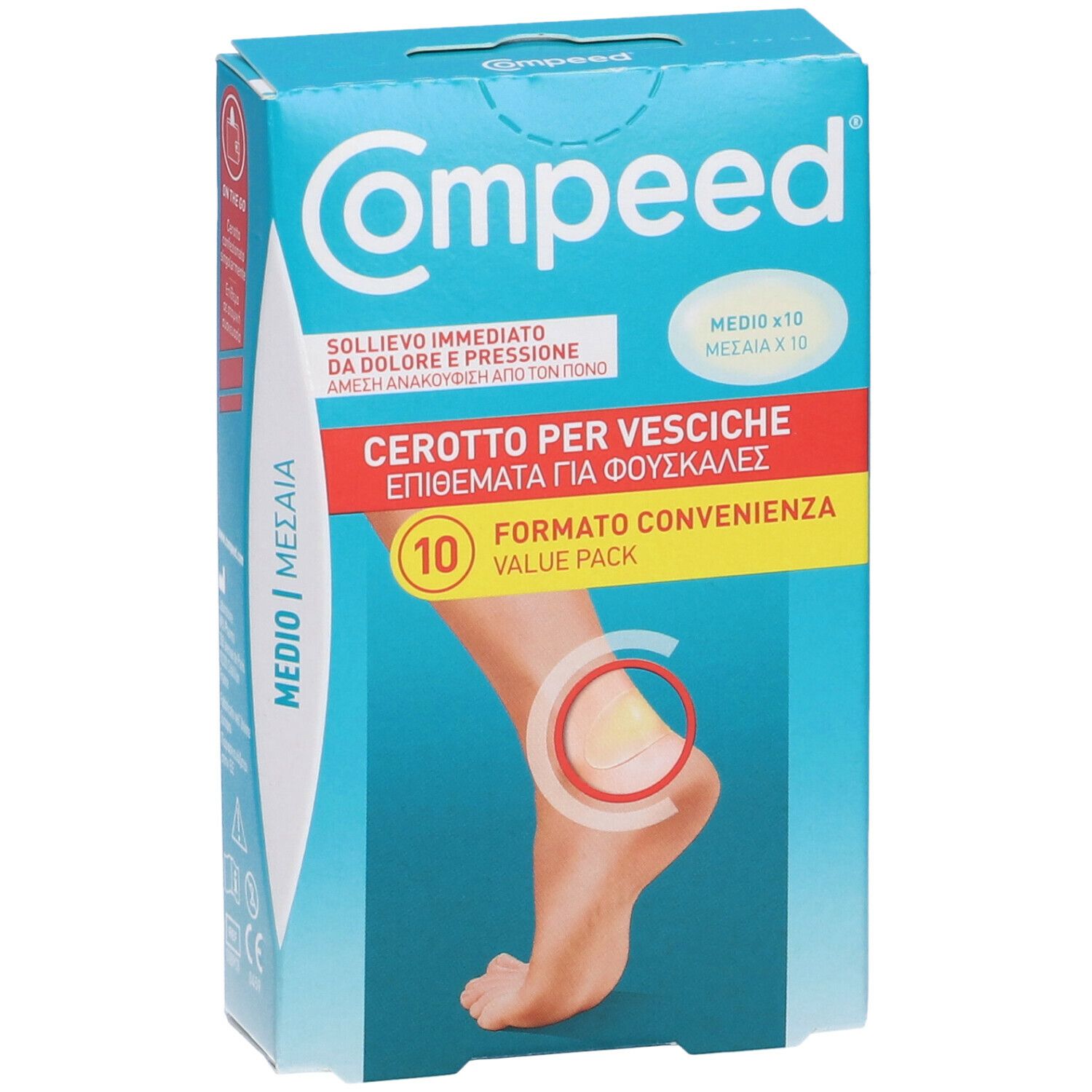 Confezione Compeed. Scritta: Cerotto Per Vesciche, 10 pezzi. Illustrazione piede con cerotto. Nome prodotto e logo.