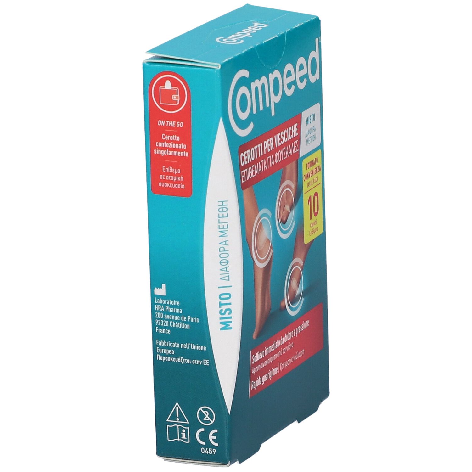 Compeed Blasenpflaster, 10 Stück. Packung zeigt Füße mit Pflastern.