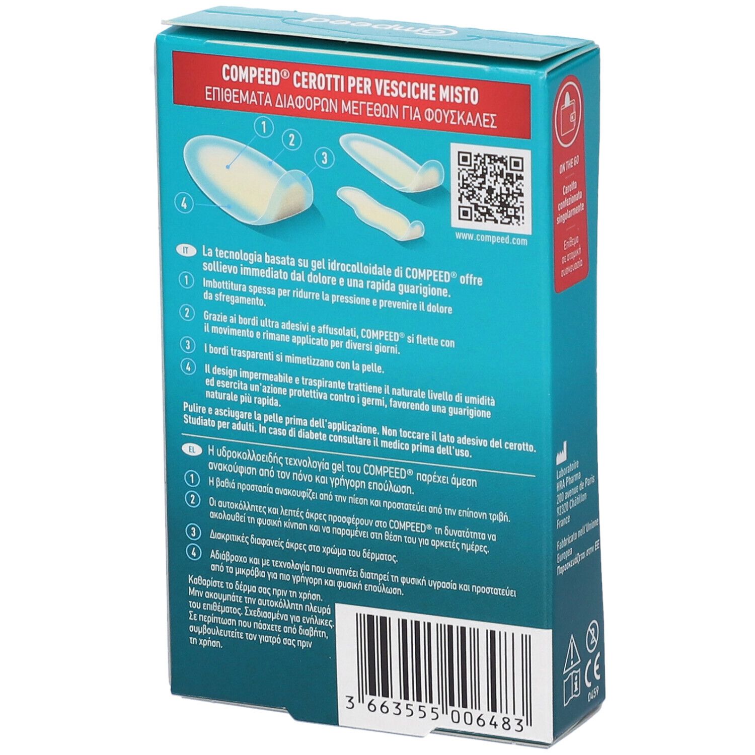 Compeed Blasenpflaster, 10 Stück. Packung zeigt Füße mit Pflastern.