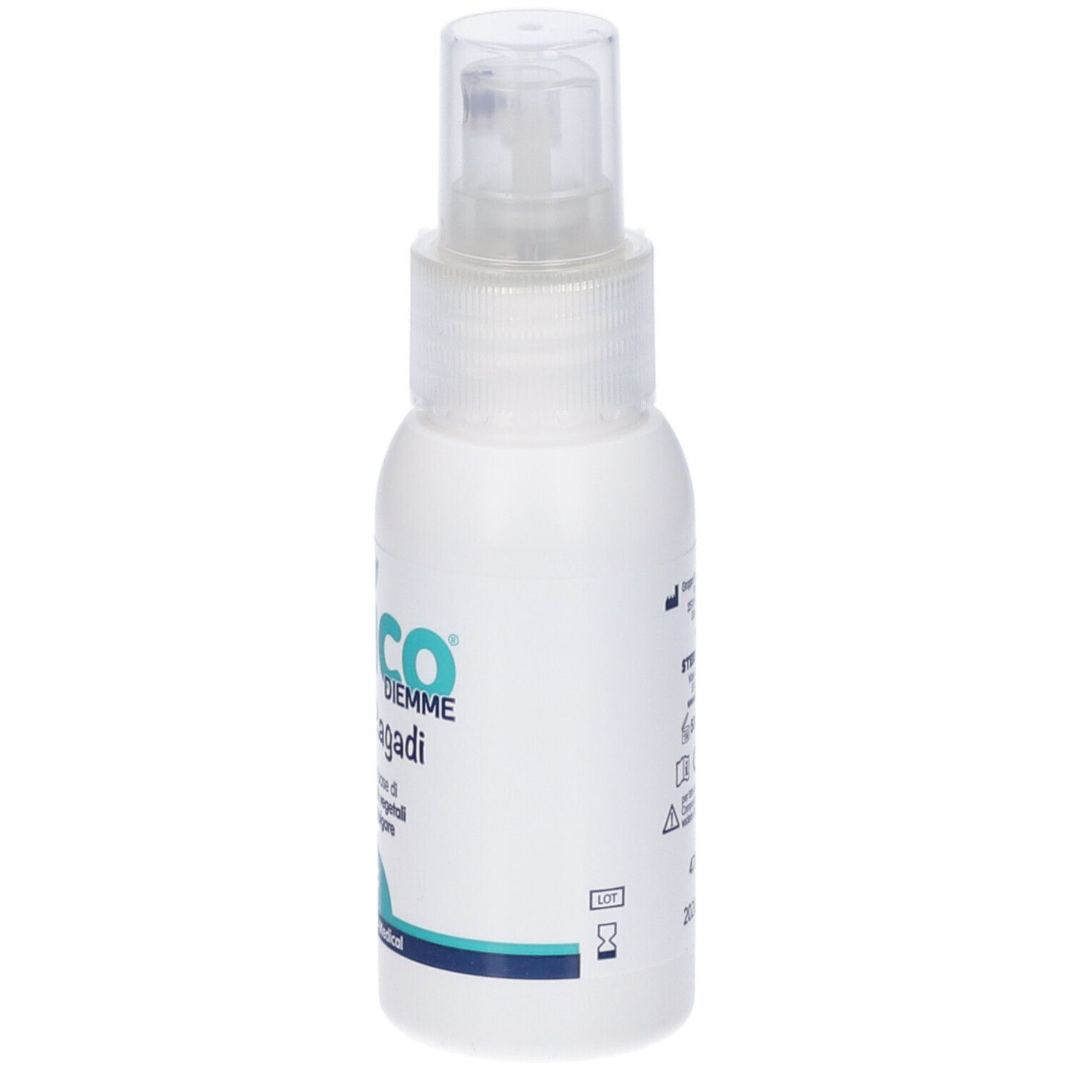 Flacone bianco con vaporizzatore. Scritta: Unico Spray Ragadi.