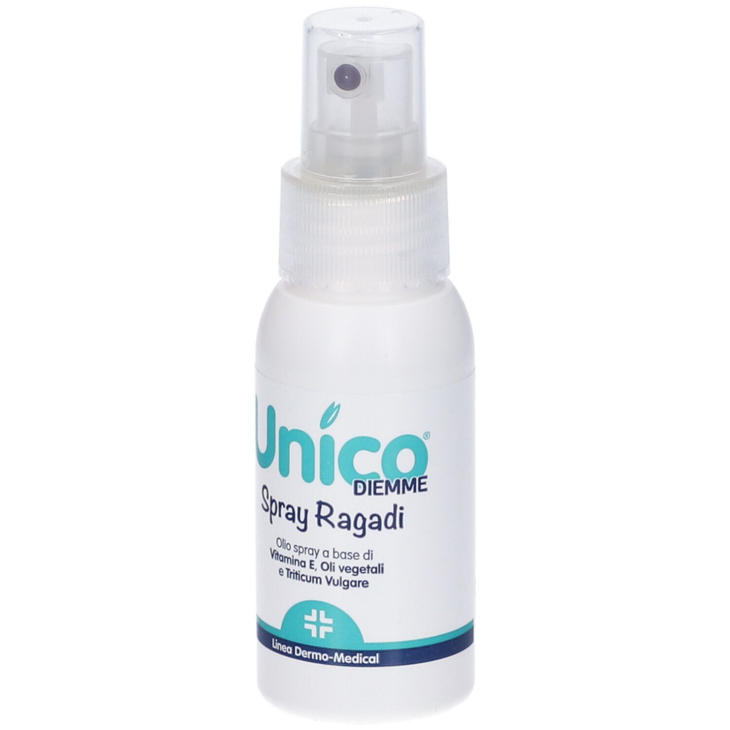 Flacone bianco con vaporizzatore. Scritta: Unico Spray Ragadi.