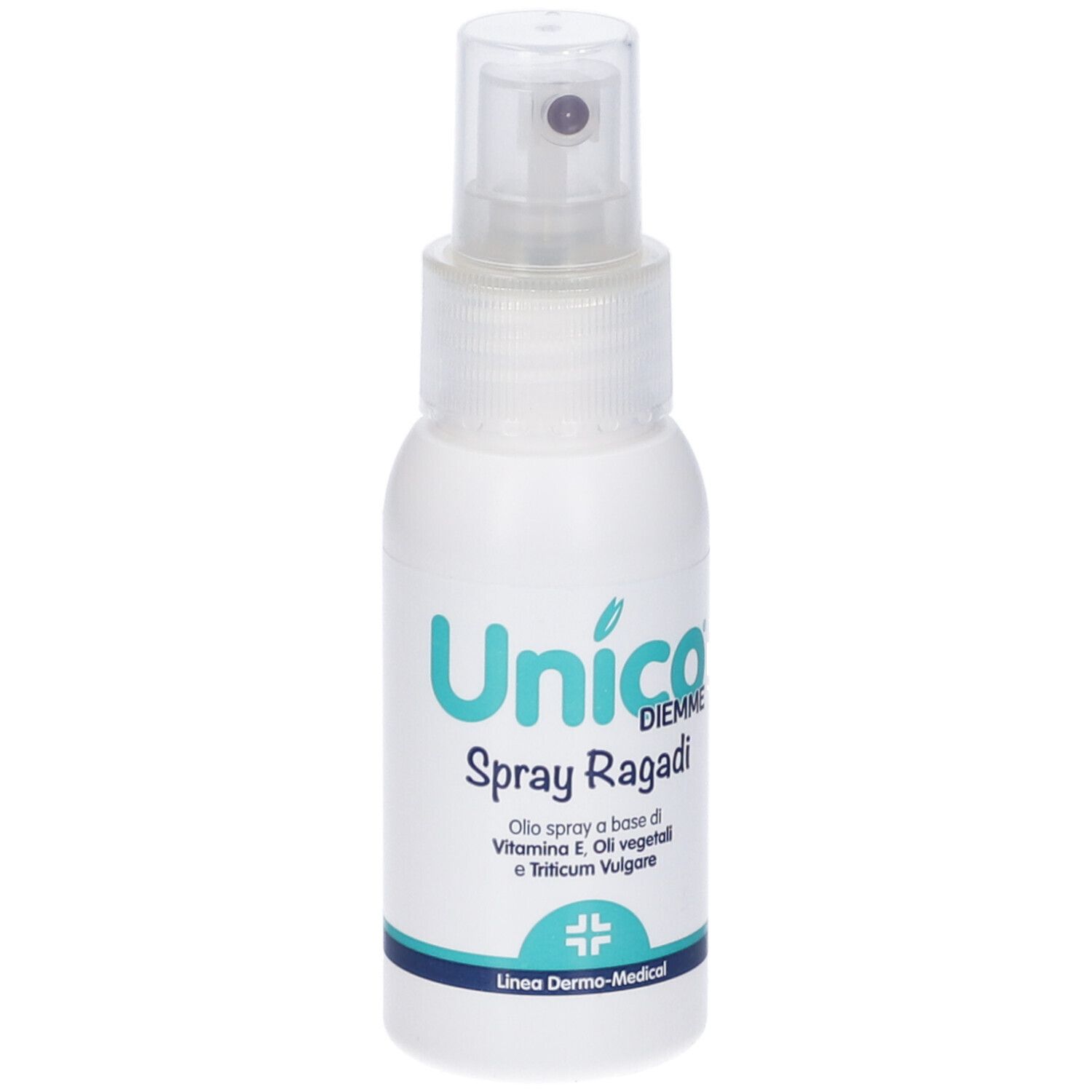 Flacone bianco con vaporizzatore. Scritta: Unico Spray Ragadi.