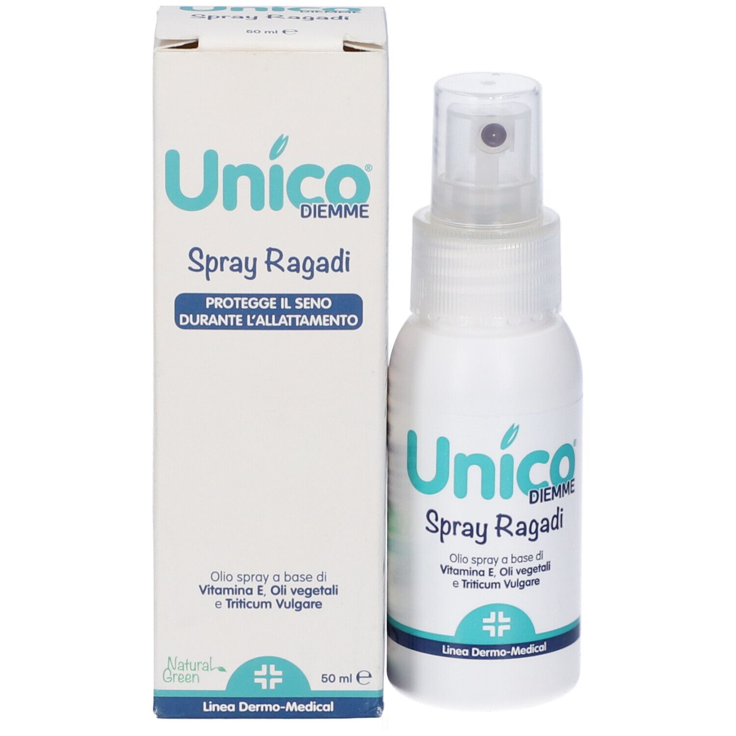 Flacone bianco con vaporizzatore. Scritta: Unico Spray Ragadi.