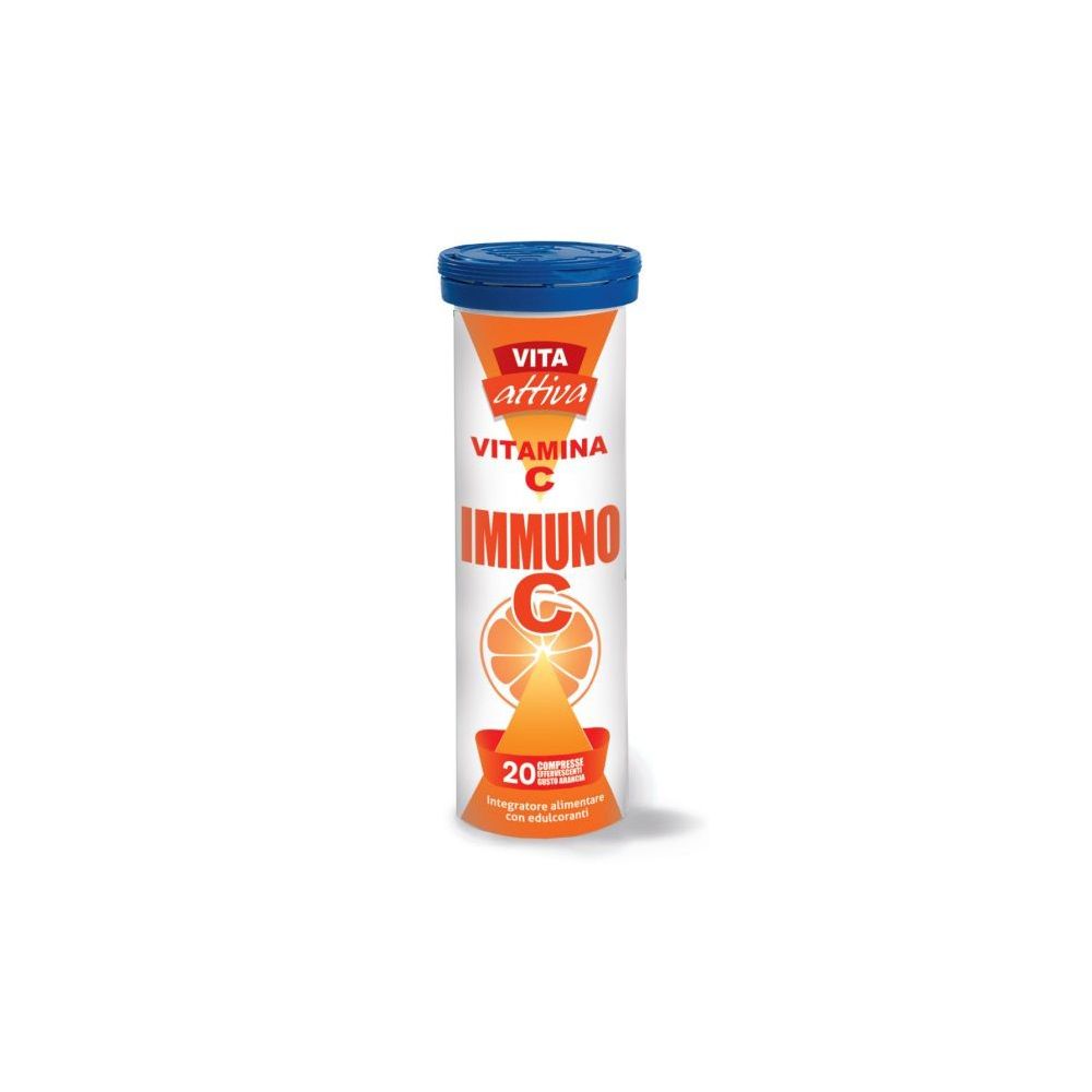 Confezione cilindrica con tappo blu. Scritta: Vita Attiva, Vitamina C, Immuno C. Illustrazione di un'arancia. 20 compresse.
