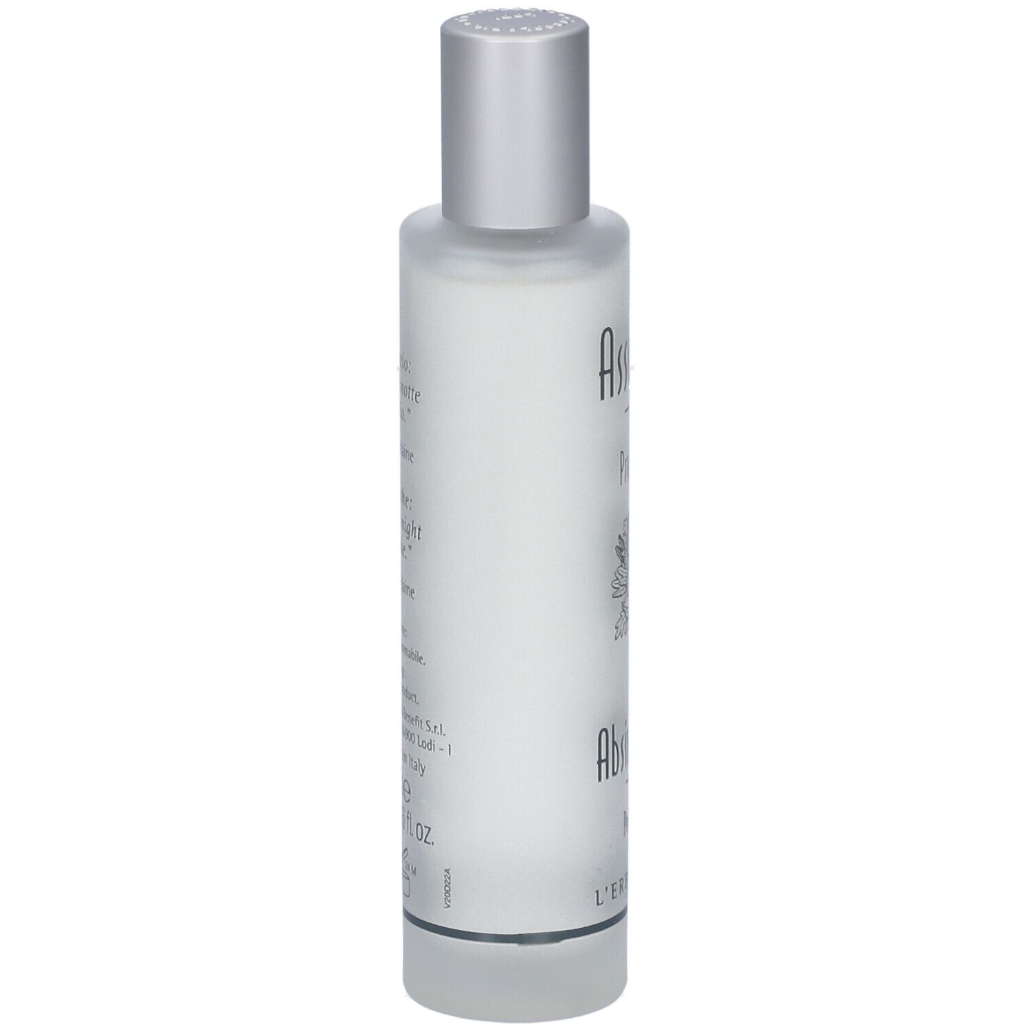 Eine weiße, zylindrische Flasche mit silbernem Verschluss, die ein klares Serum enthält.